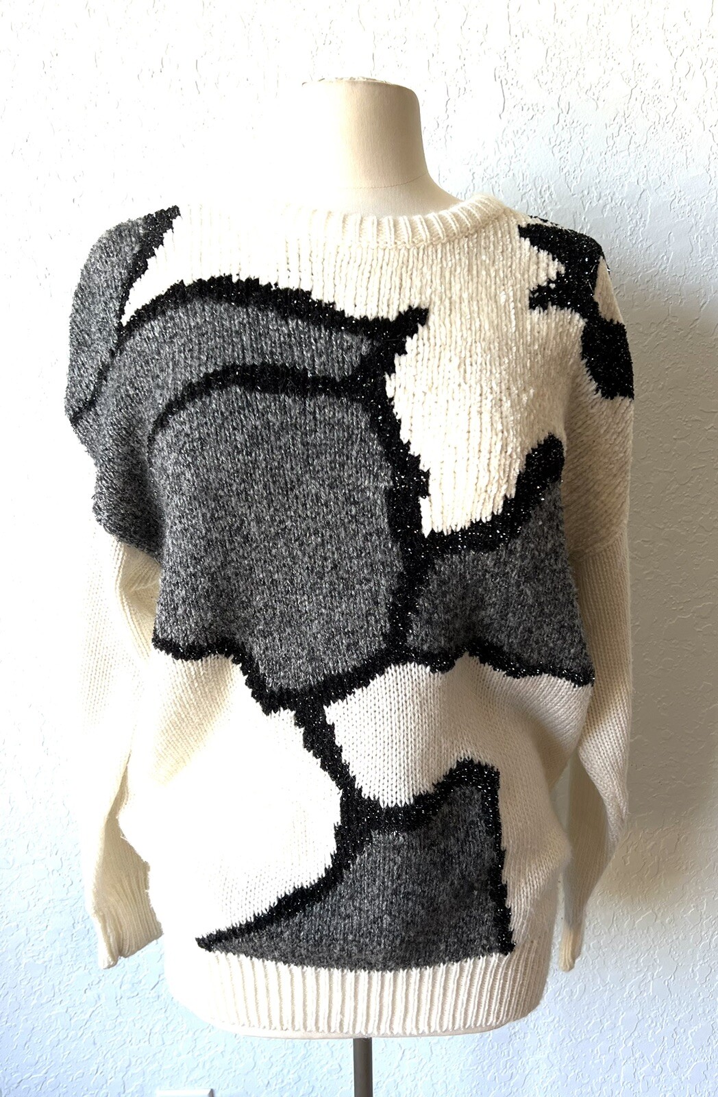 Vintage Diana Marco Sweater Womens Large Cream Gray Black Sparkle Grandma EUC