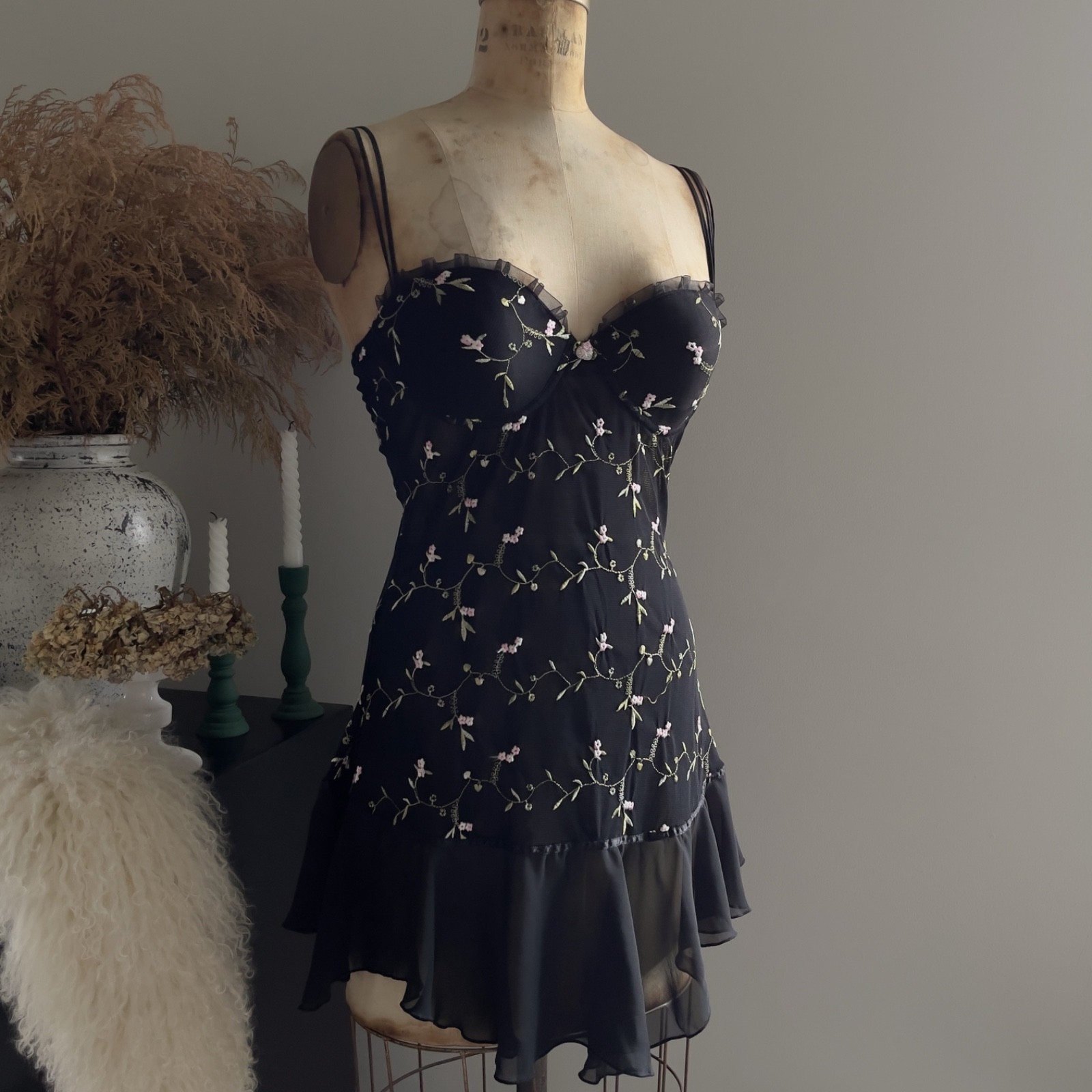 Romantic Y2K Black Floral Embroidered Semi-Sheer Mesh Slip Dress (M–L)