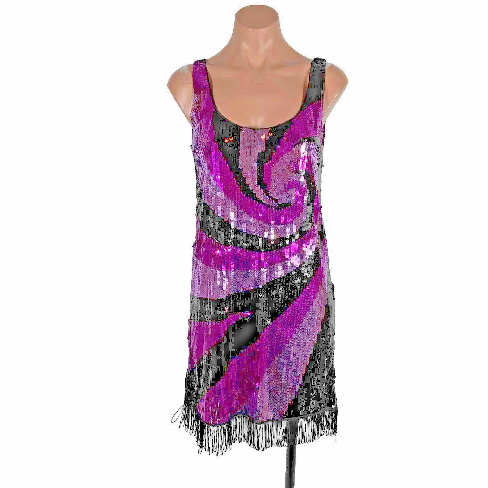 Vintage Multi-colored Sequin FLAPPER FRINGE Dress 80s does 20s sz S Sheath