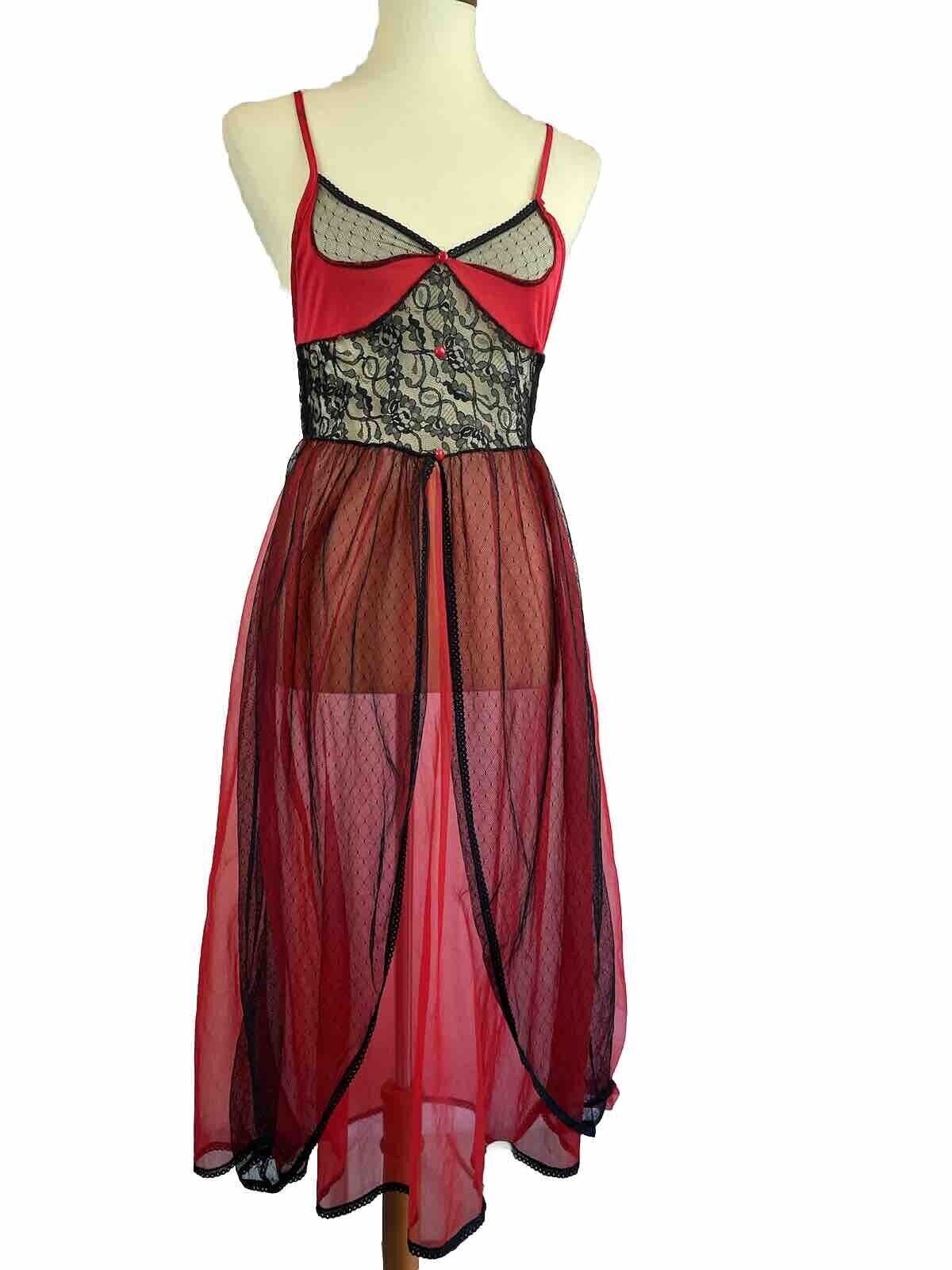 Vintage 80s Red Chiffon Lace Empire Waist Chemise S/M Stroke Of Midnight