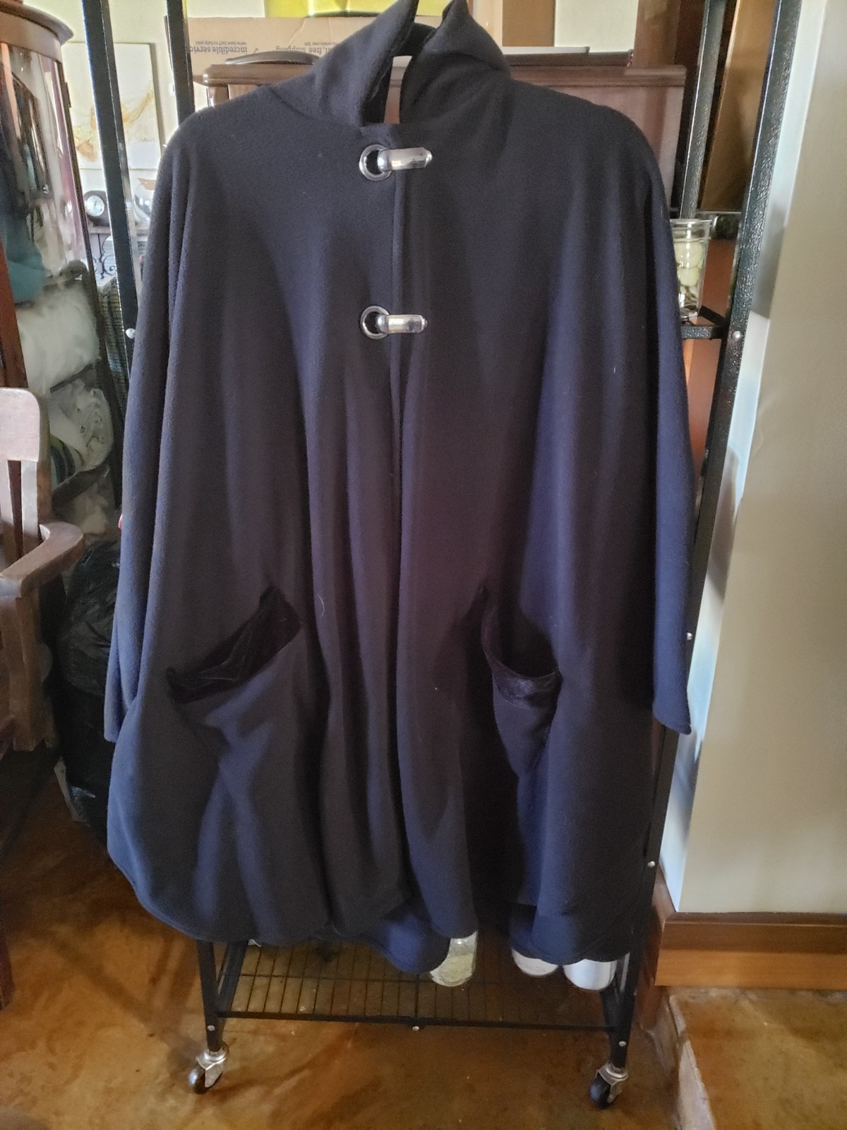 Vintage LeModa Cape Coat Black Fleece with Velvet Trim & Clasp Closures One Size