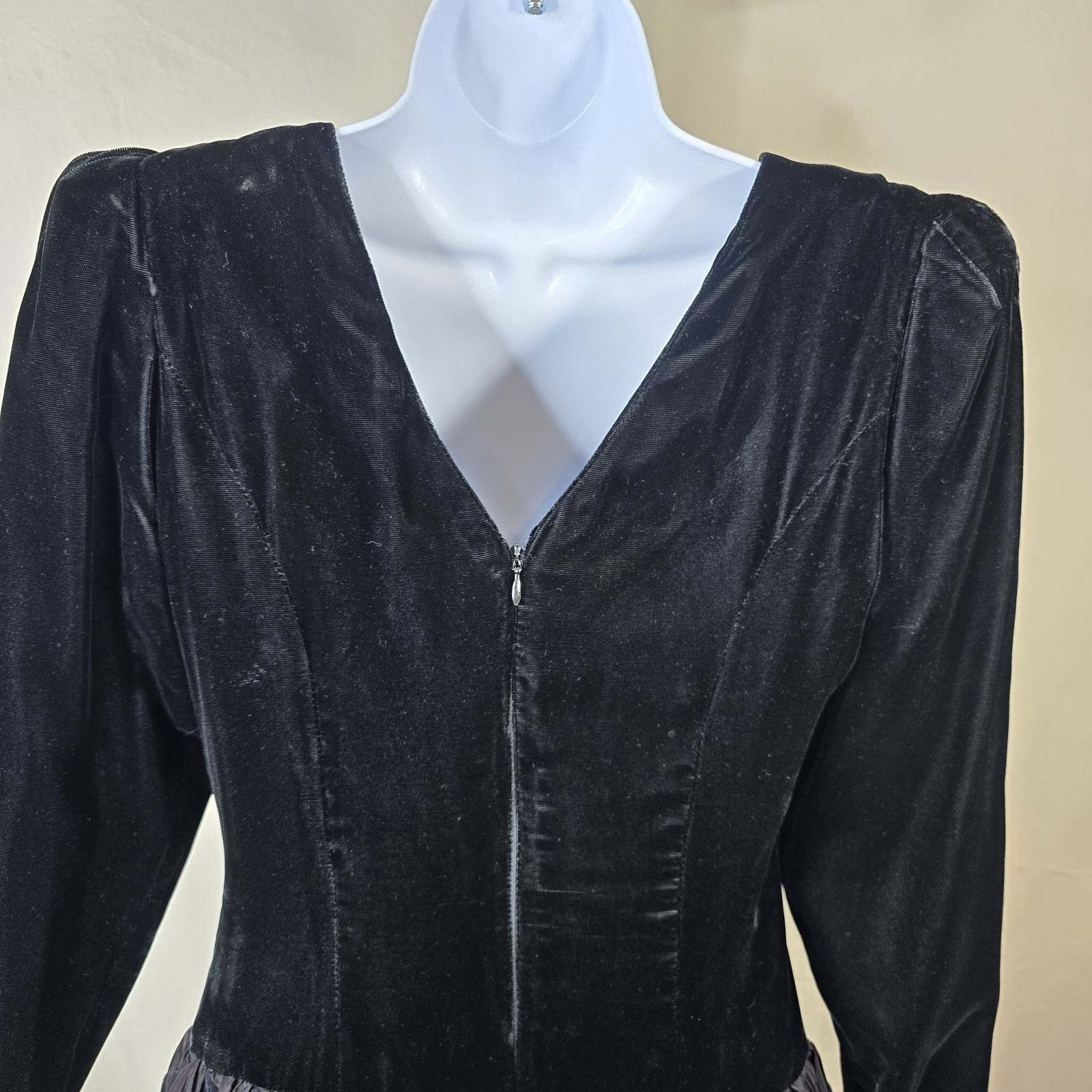 VTG Donna Morgan Party Dress 5/6 Black Velvet Top Ruffle Tiered Taffeta Skirt