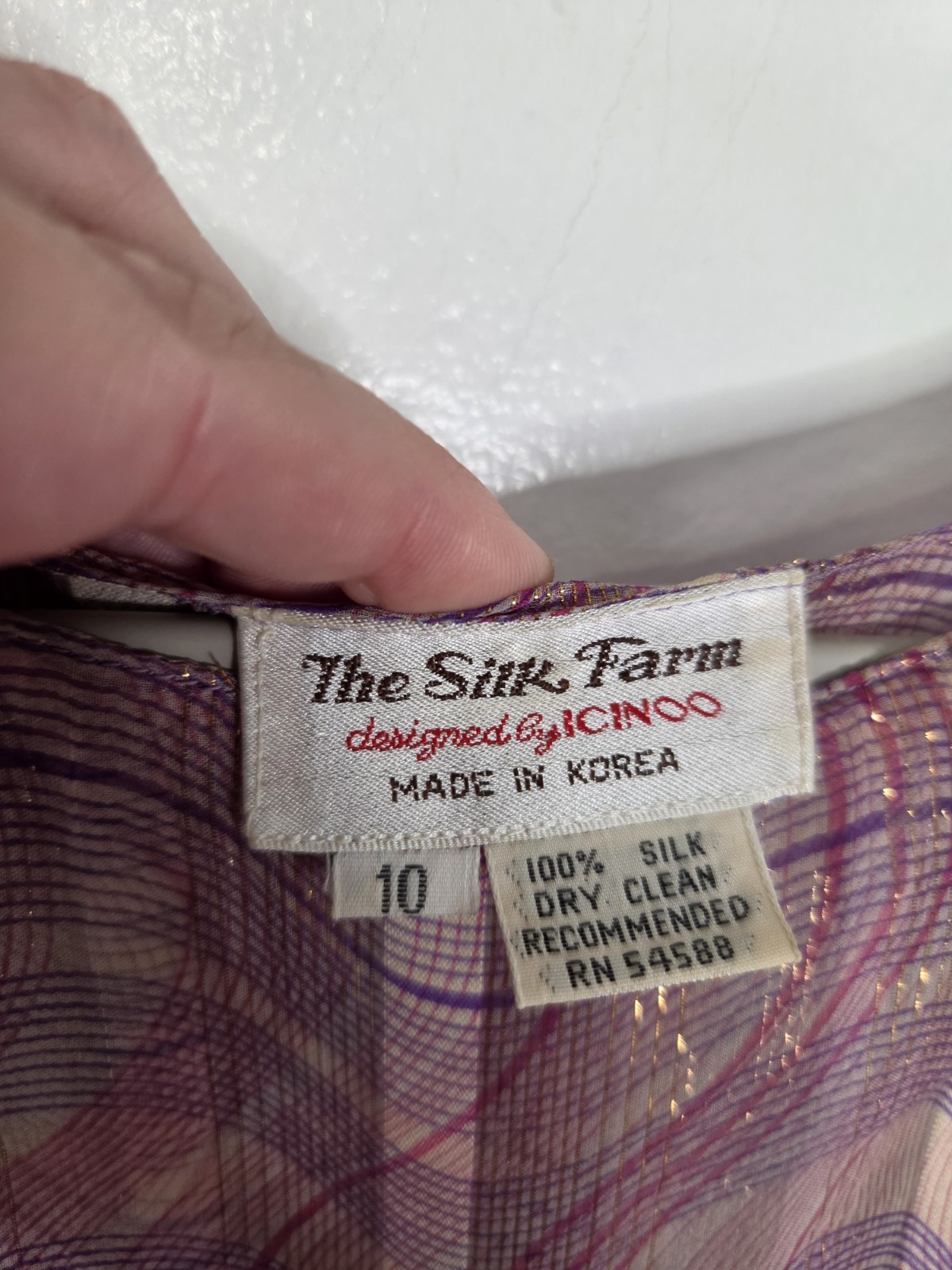 Vintage The Silk Farm Icinoo 100% Silk Metallic Gold Lurex Purple Dress 10