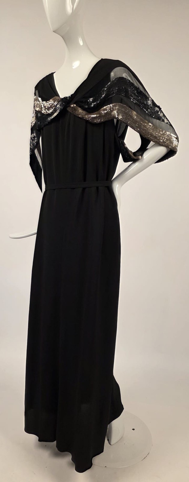 1930’S BLACK CREPE LONG DRESS W SQUARE SEQUIN CHIFFON DRAPED TOP
