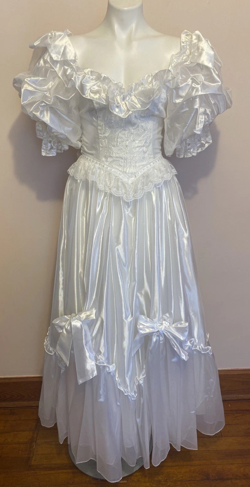 VTG Zum Zum 80s White puff Slv V Waist Ruffle Lace Bow Wedding Dress Gown XS/S 5