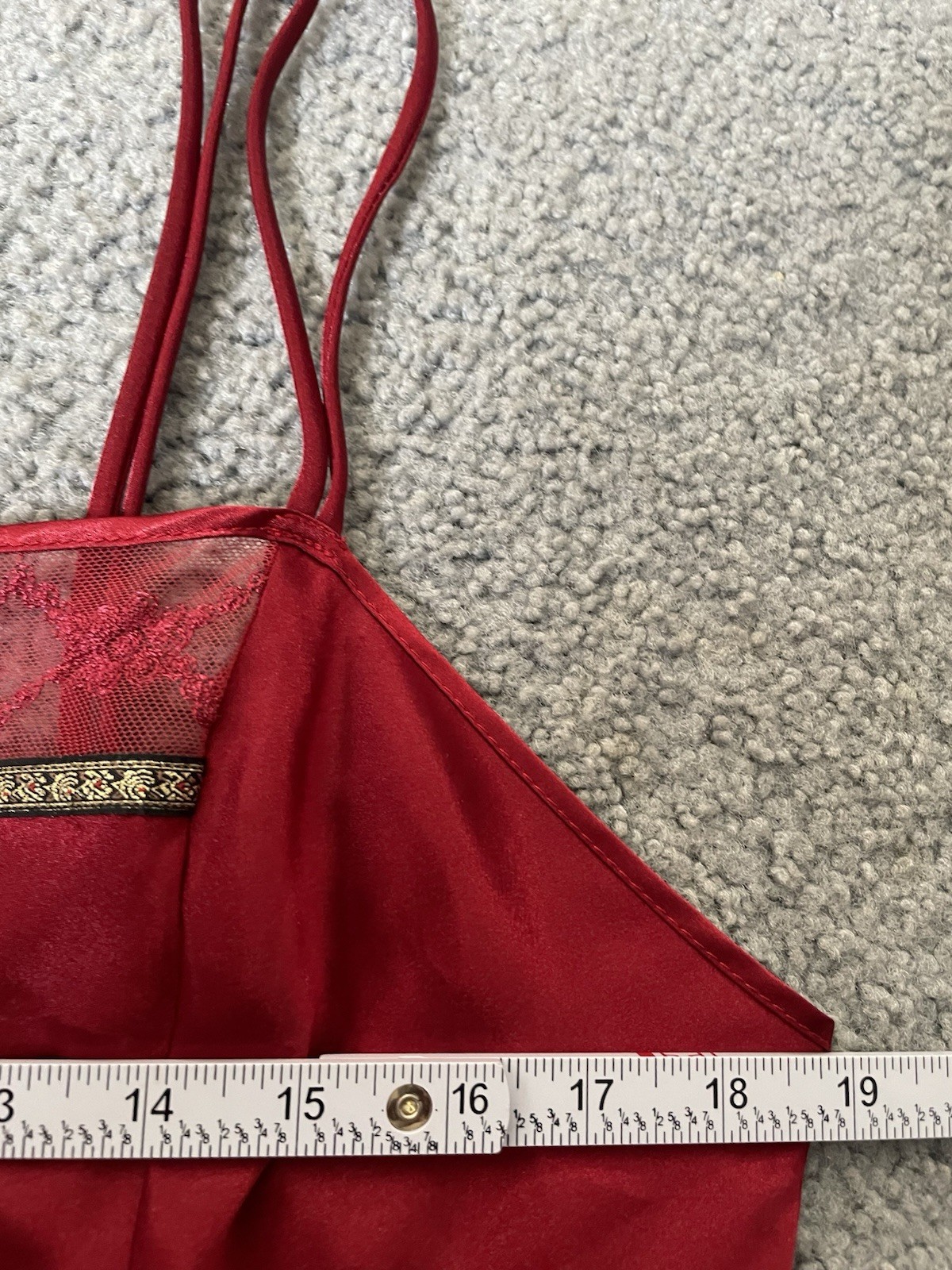 Vtg 80s Delicates Satin Nightie Sleepwear Sz L Red Lace Trim Slit Straps Sexy