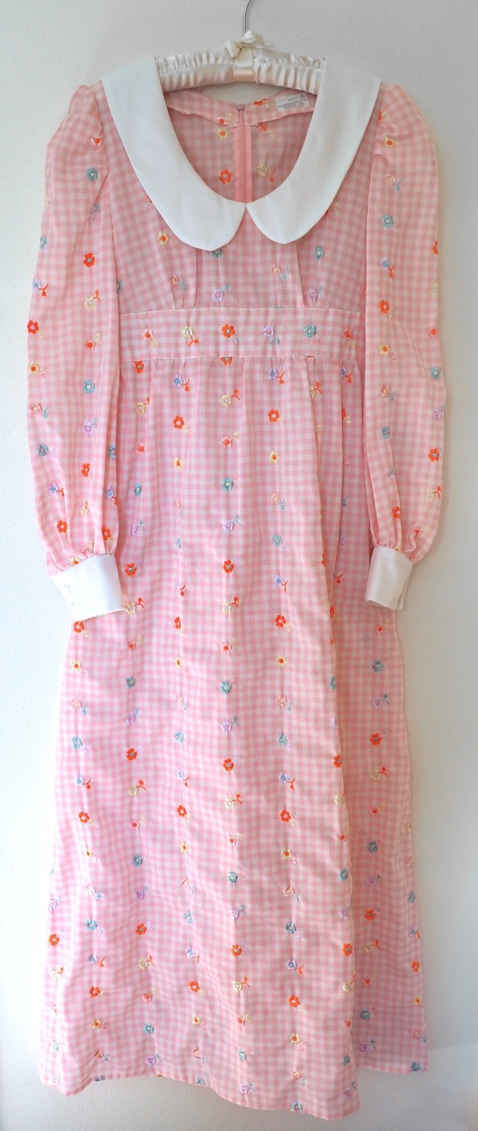 Vintage 70s Gingham Maxi Dress Empire Waist Gown Peter Pan Collar Pastel Kawaii