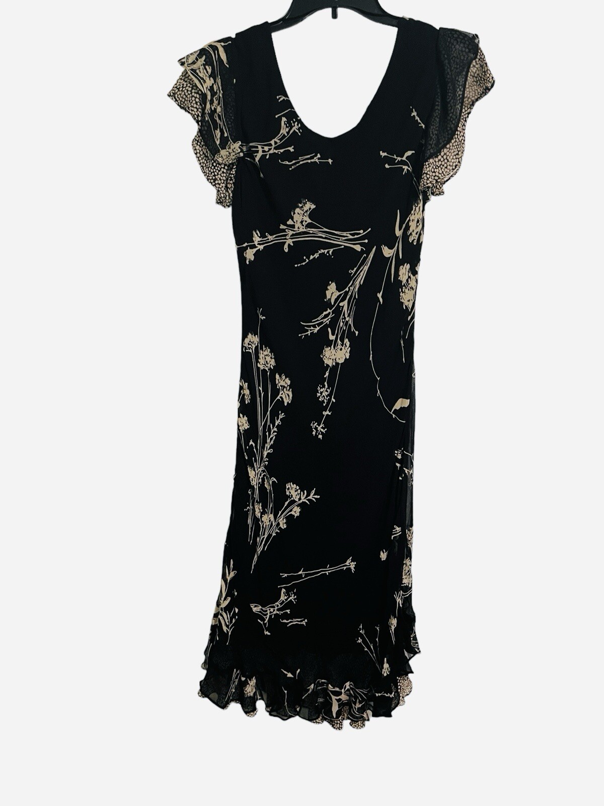 Vintage Phool 1990s Ruffle Sleeve Black Floral Dress Size Medium