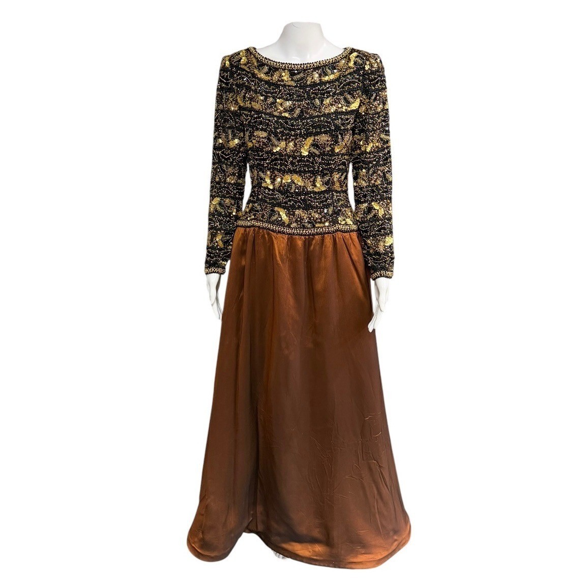 Lillie Rubin Vintage Beaded Sequin Silk Blend Evening Gown Gold Black Copper 4