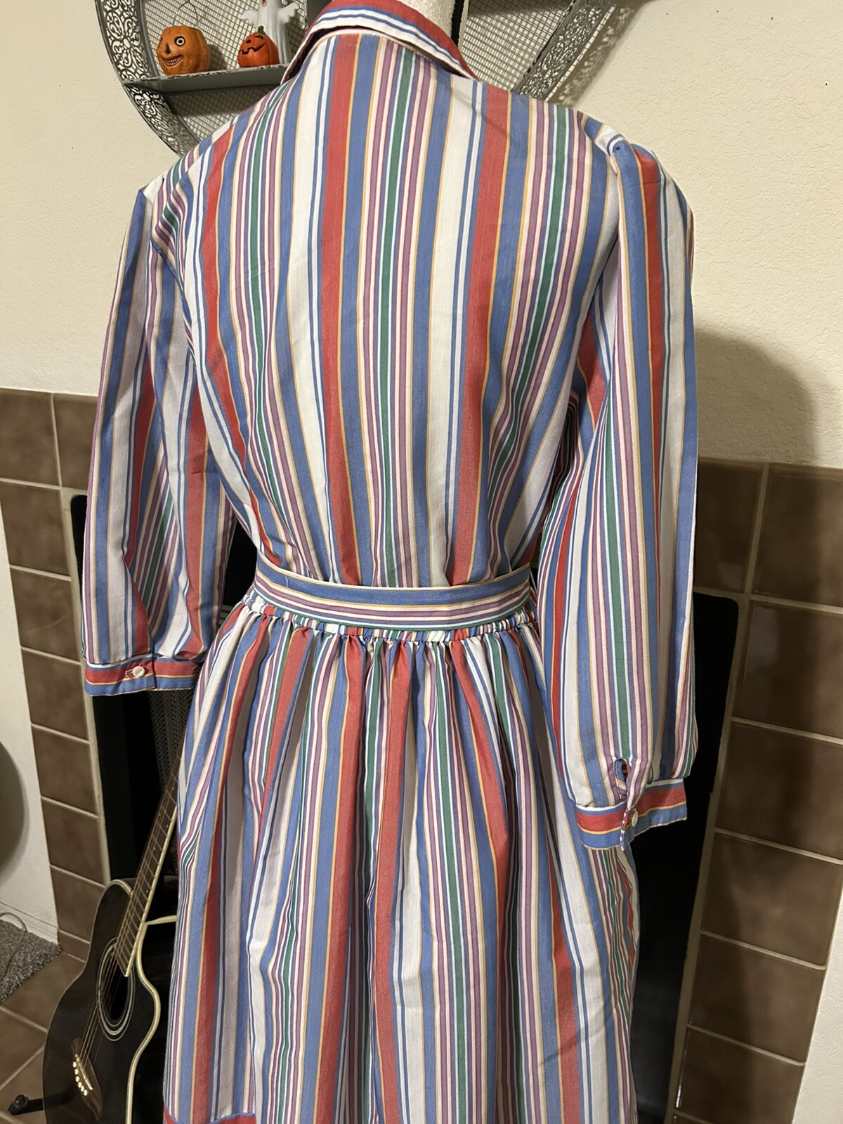 Vintage 1970s Dress Serbin Fit and Flare Striped Shirtdress Sz Large