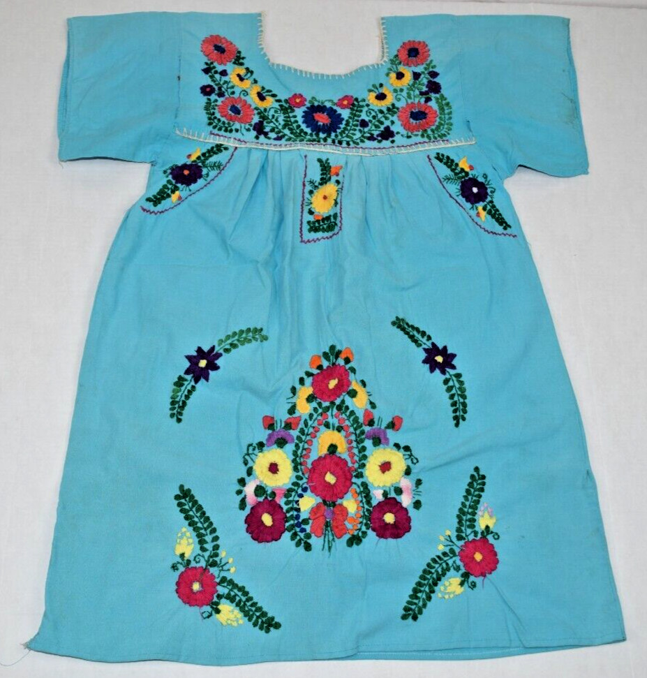 Vintage Puebla Dress Size S/M 70s Turquoise Grunge Mini Hemmed Soft Cotton