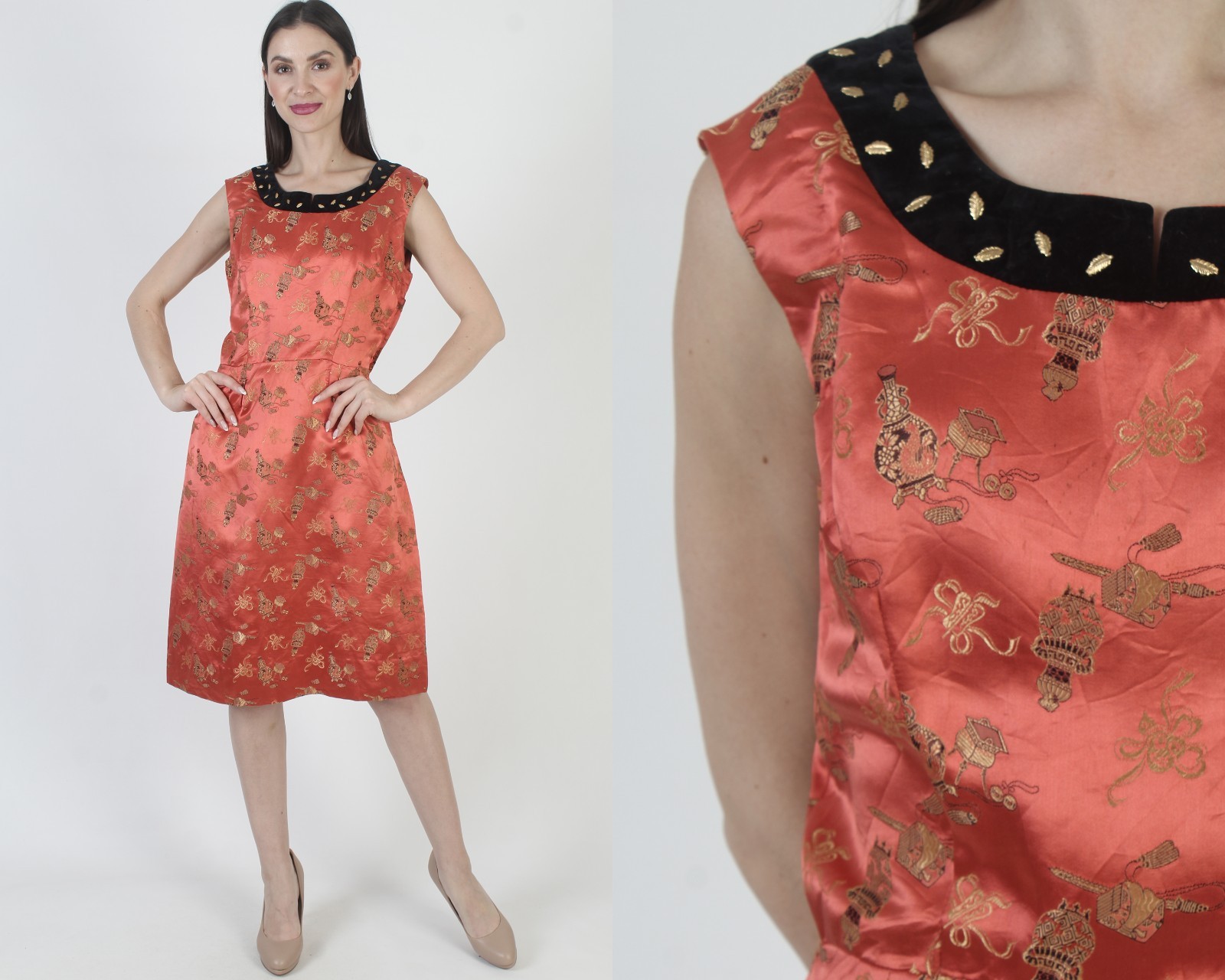 Vtg 50s Metal Side Zipper Dress Asian Chinese Print Mid Century House Rockabilly