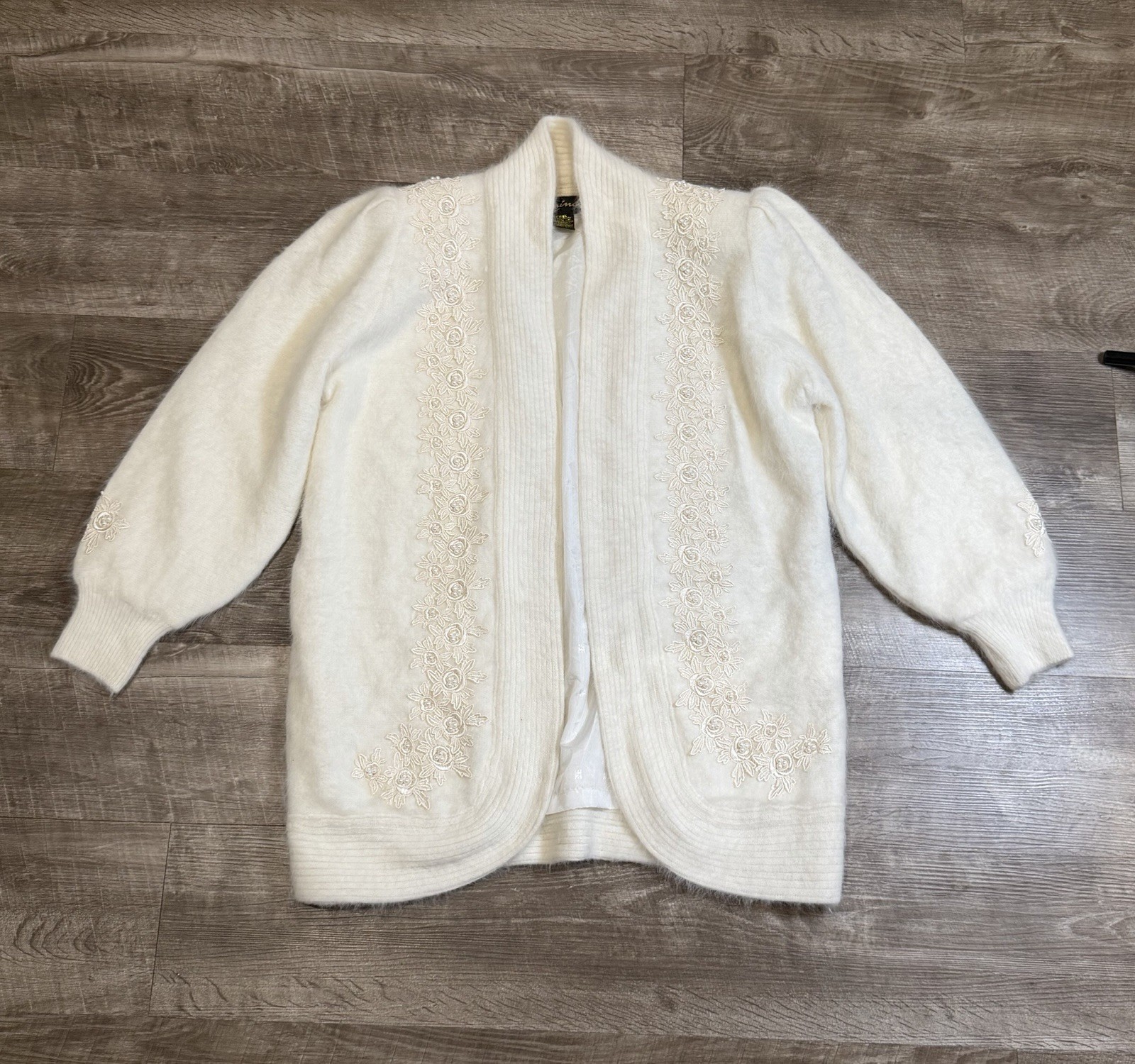 CARINA Vintage 80’s Angora Rabbit Coat Floral Beaded Cardigan Large Soft Cottage