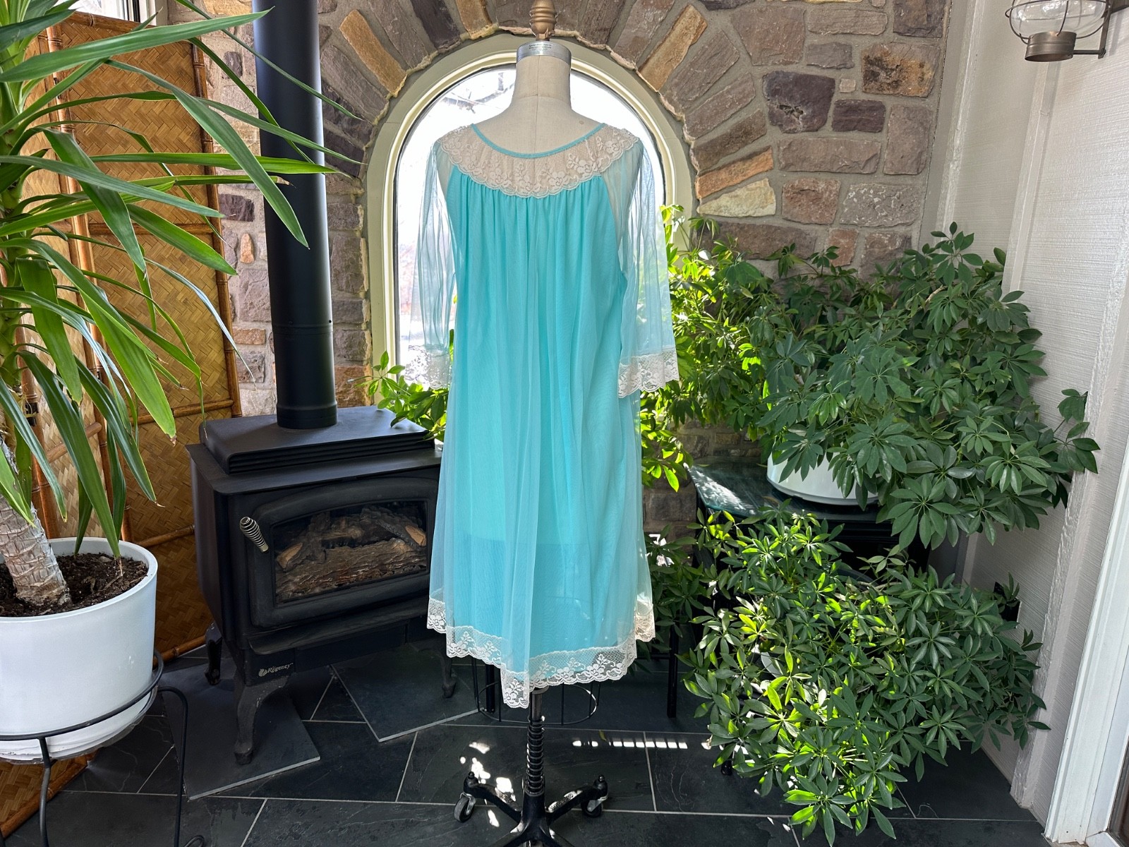 Vintage 1970s Turquoise Blue Nylon and Ivory Lace Nightgown