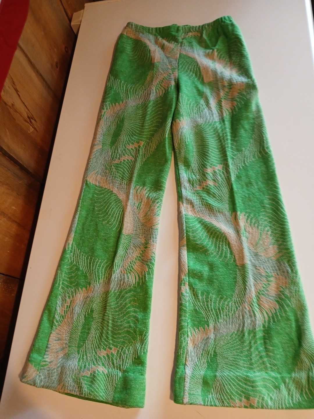 Vtg 70s ILGWU Union Made Knit Pants Green Psychedelic Swirl Wide Leg Flares