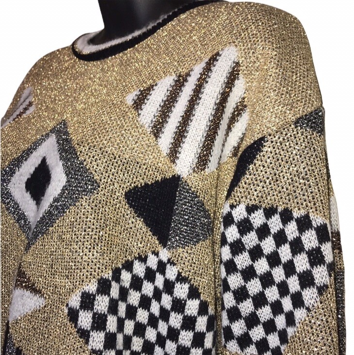 Vtg 80s/90s Beldoch Popper Metallic Geometric Gold/Black Grandma Sweater~Sz L