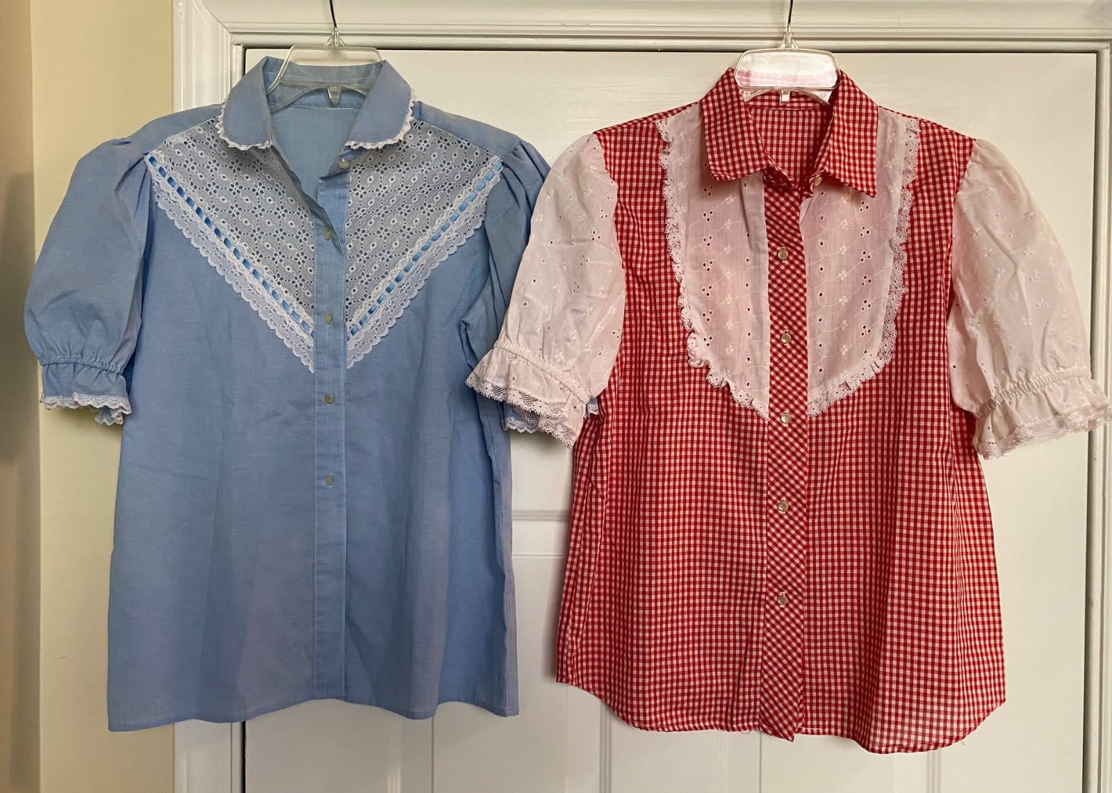 Lot of 2 Vintage Country Style Shirts L Gingham Eyelet Lace Puff Sleeve Buttons