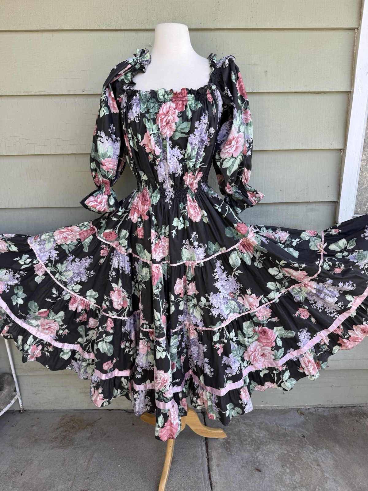 Vtg Anna Konya Black Pink Floral Dress Gypsy Romantic Cottagecore Pockets OS S M
