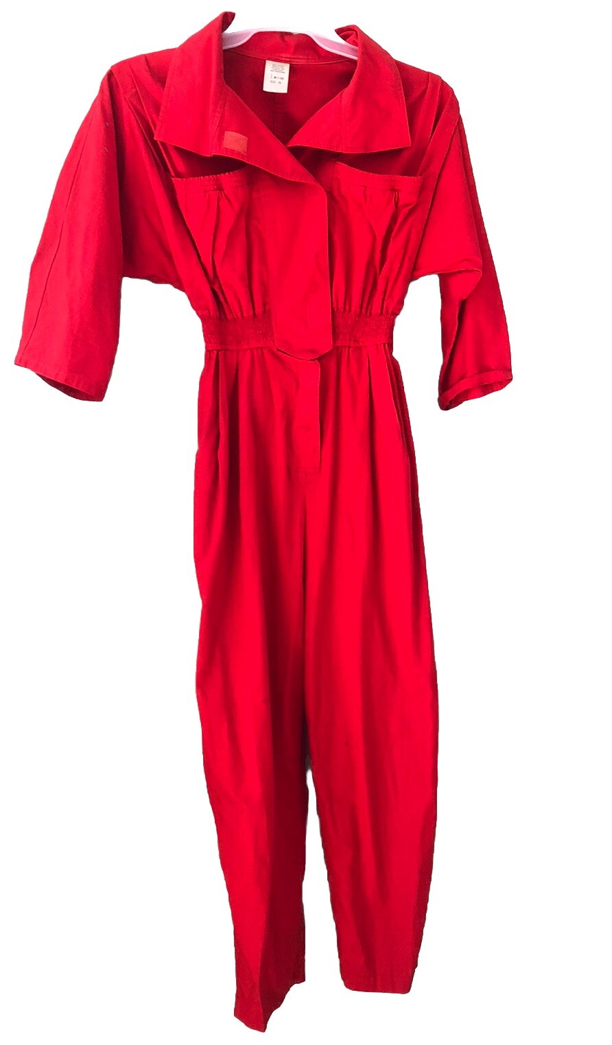 Red Cotton Jumpsuit Size 10 Belt Hook Loop Front 3/4 Sleeves 1980s Costume