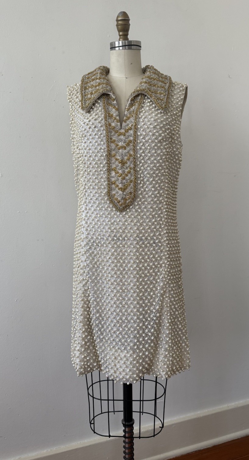 1960s Alexander’s Heavily Beaded Embellished Lace/Faux Pearl Mini Dress Couture