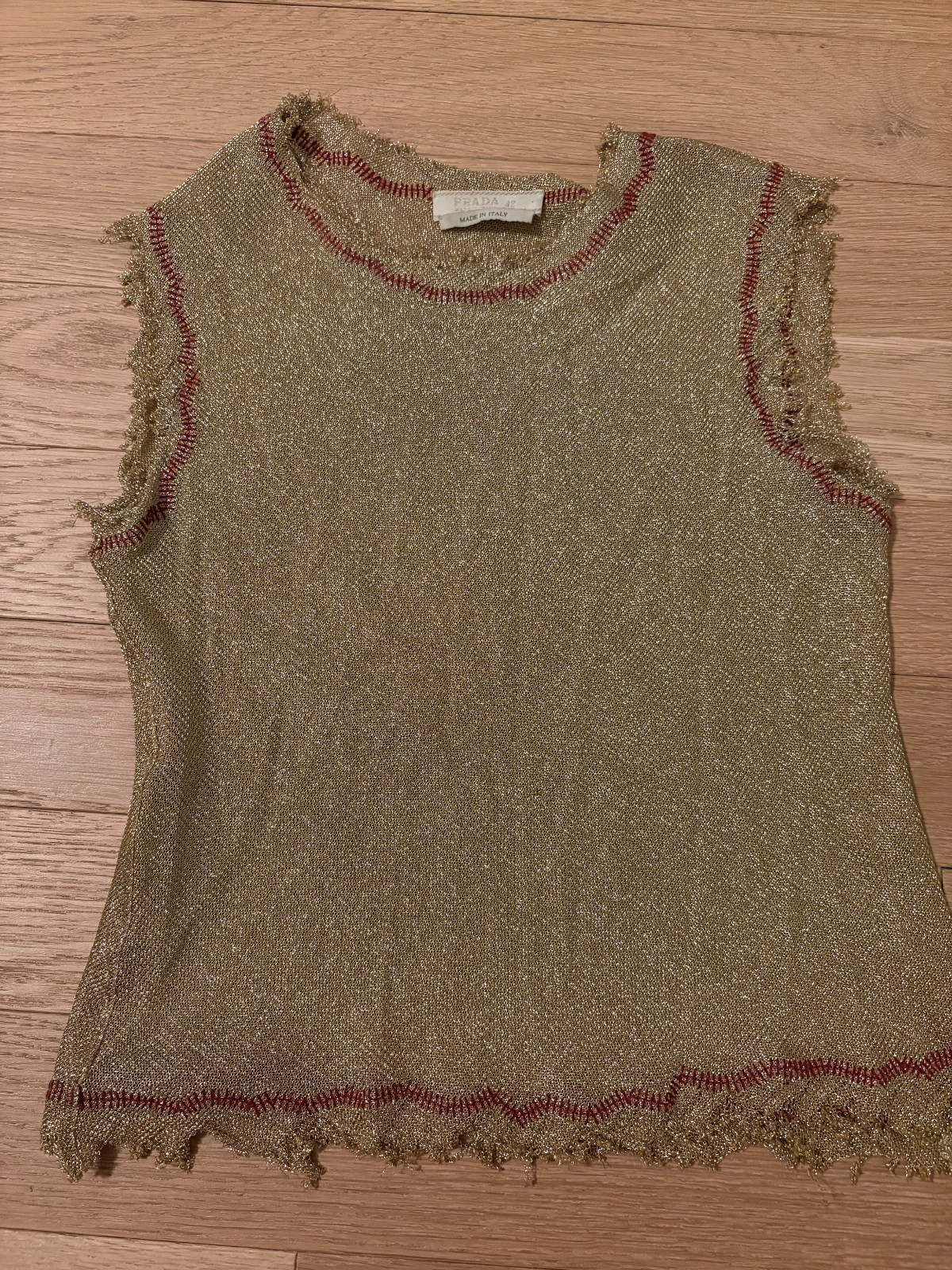 Vintage Prada S/S 1999 Runway Sheer Metallic Gold Tank Top Size 42