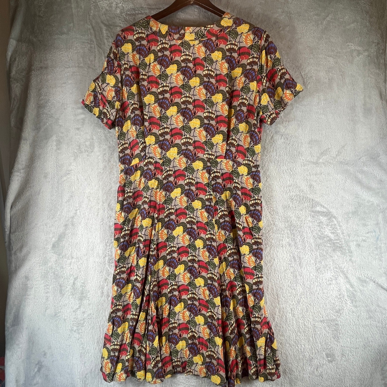 VTG FLAX Jeanne Engelhart Dress M Rayon Abstract Print Midi Pockets Lithuania