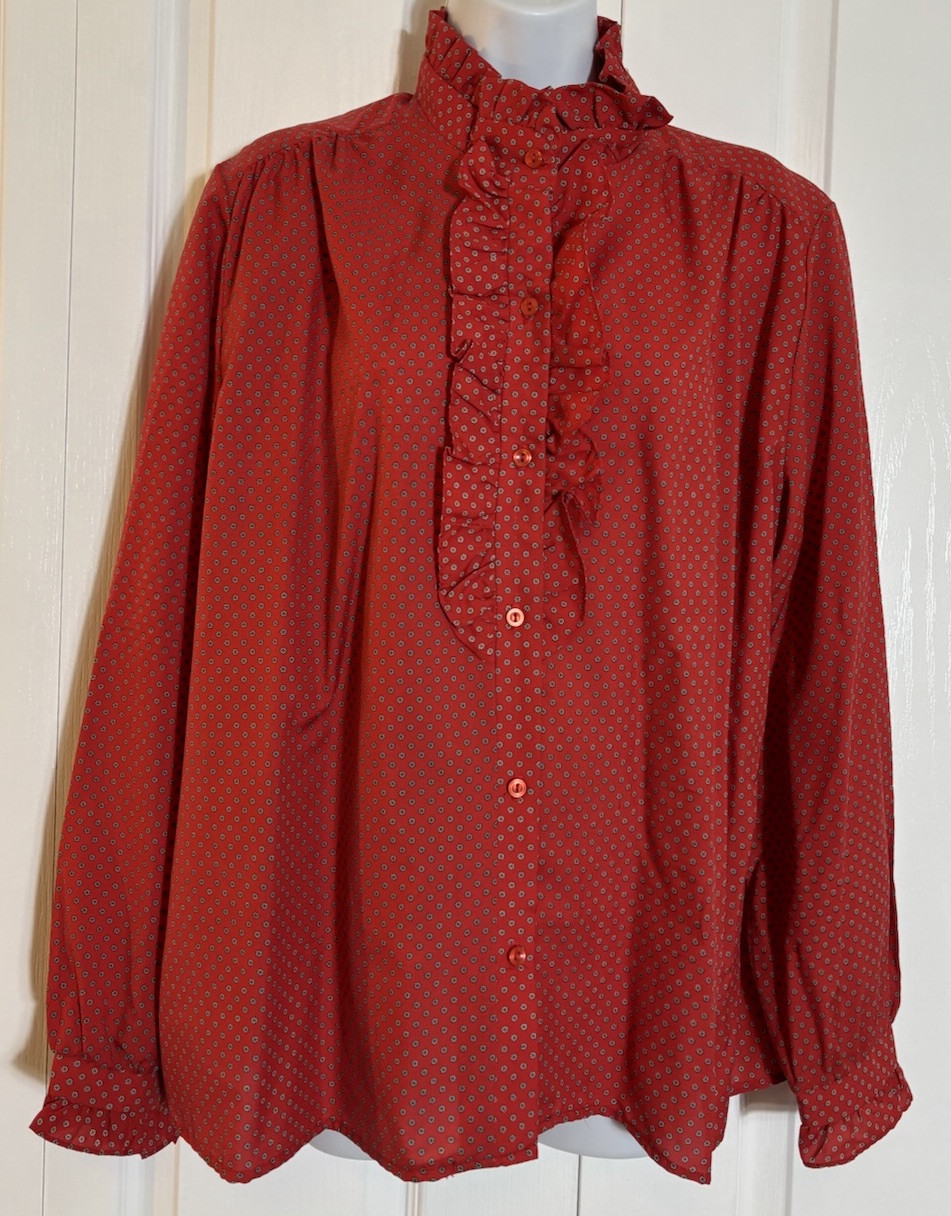 Vintage LEWMAR 1970s Red Floral Ruffled High Neck Blouse Secretary Geek XL