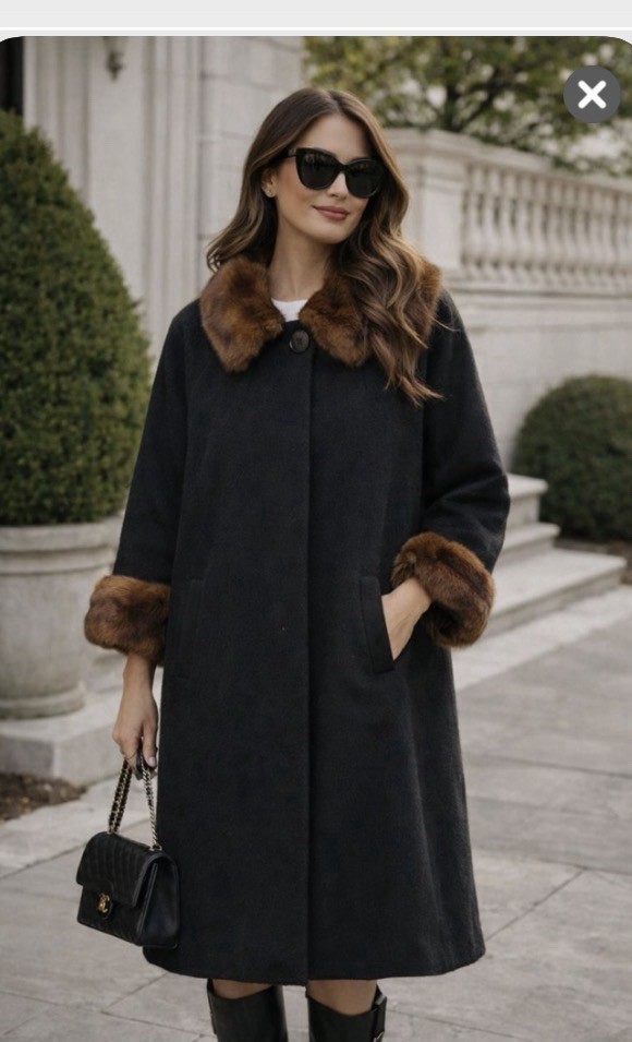 Vintage 1960s Wool Coat with fur collar And Trim Union Made, A-Line Size Large