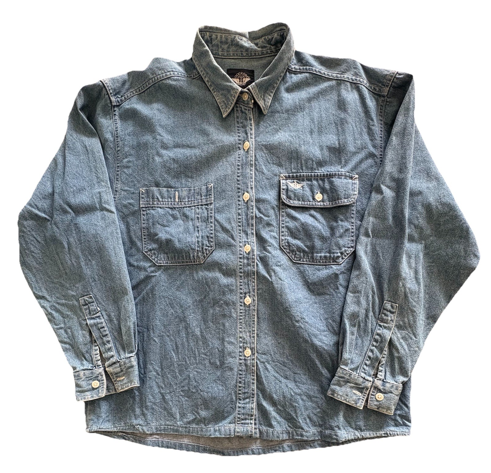 Vintage 90s Dockers Levi’s Women’s Large Denim Shirt Blue Cotton L PTP 21.5″