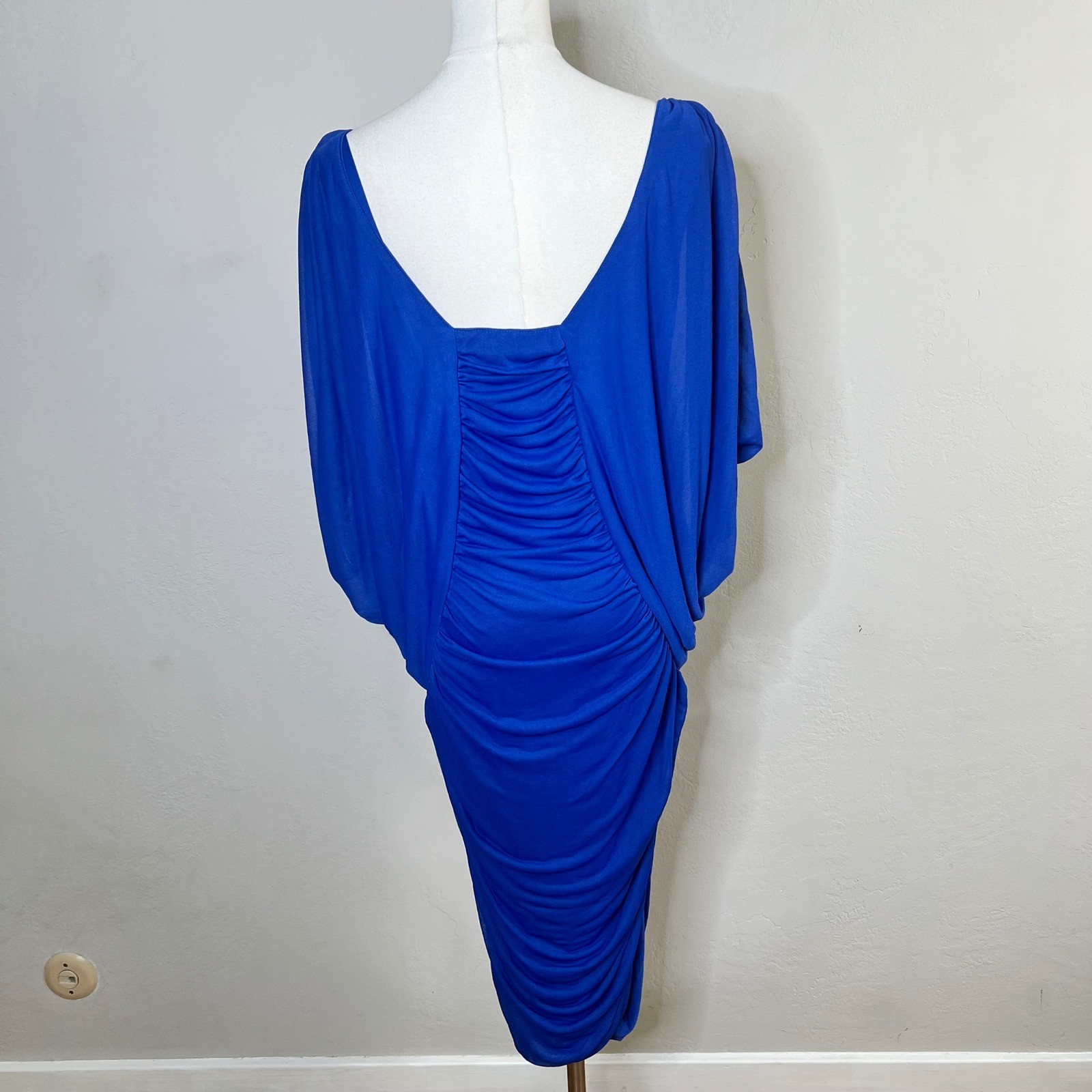 Vintage Nancy Bracoloni ViJack Dress Ruched Midi Size 7-8 Blue Batwing Drape 80s