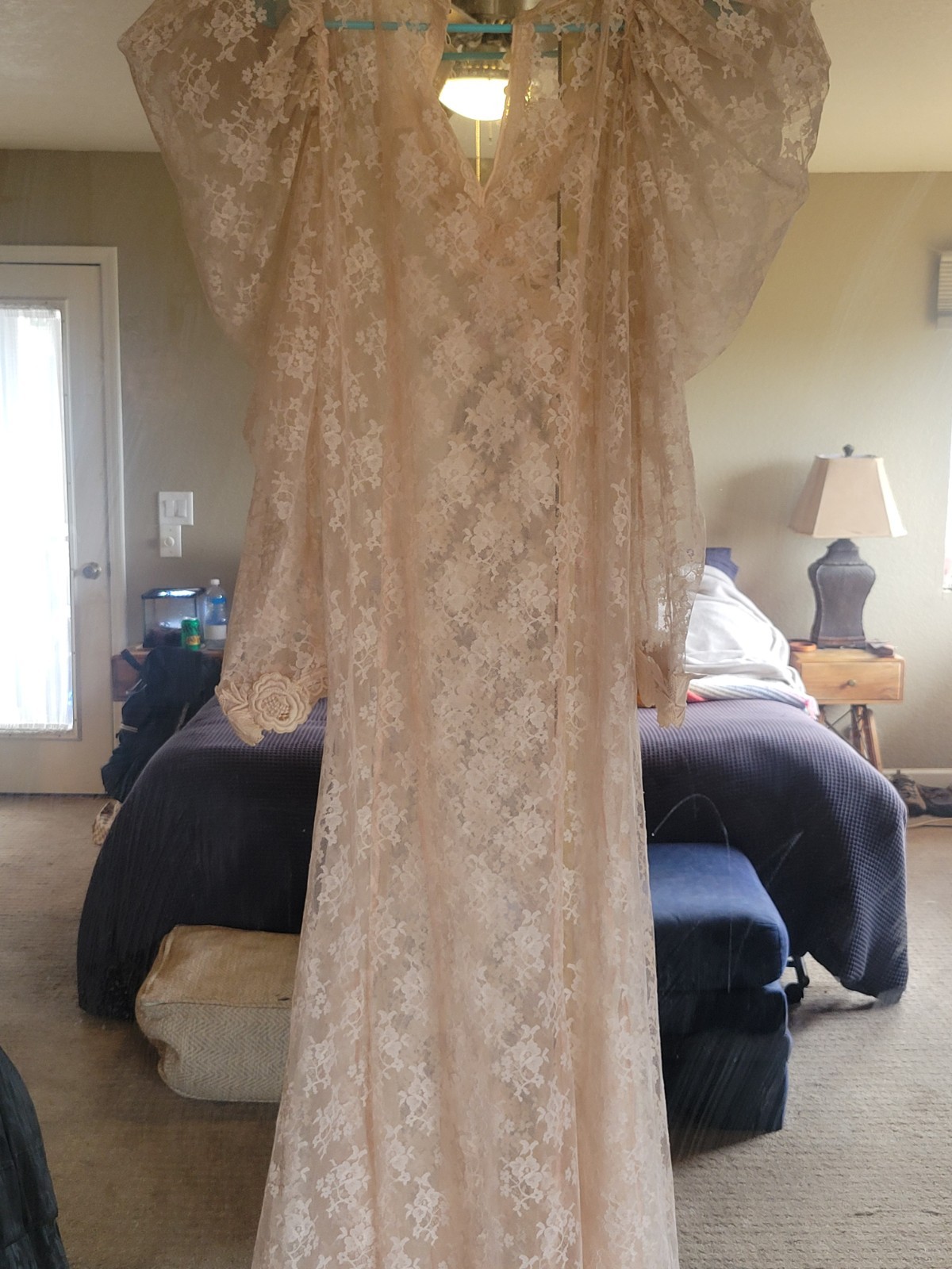 VINTAGE 1970S LORRIE KABALA SHEER NUDE LACE WEDDING DRESS Size XS BEAUTIFUL