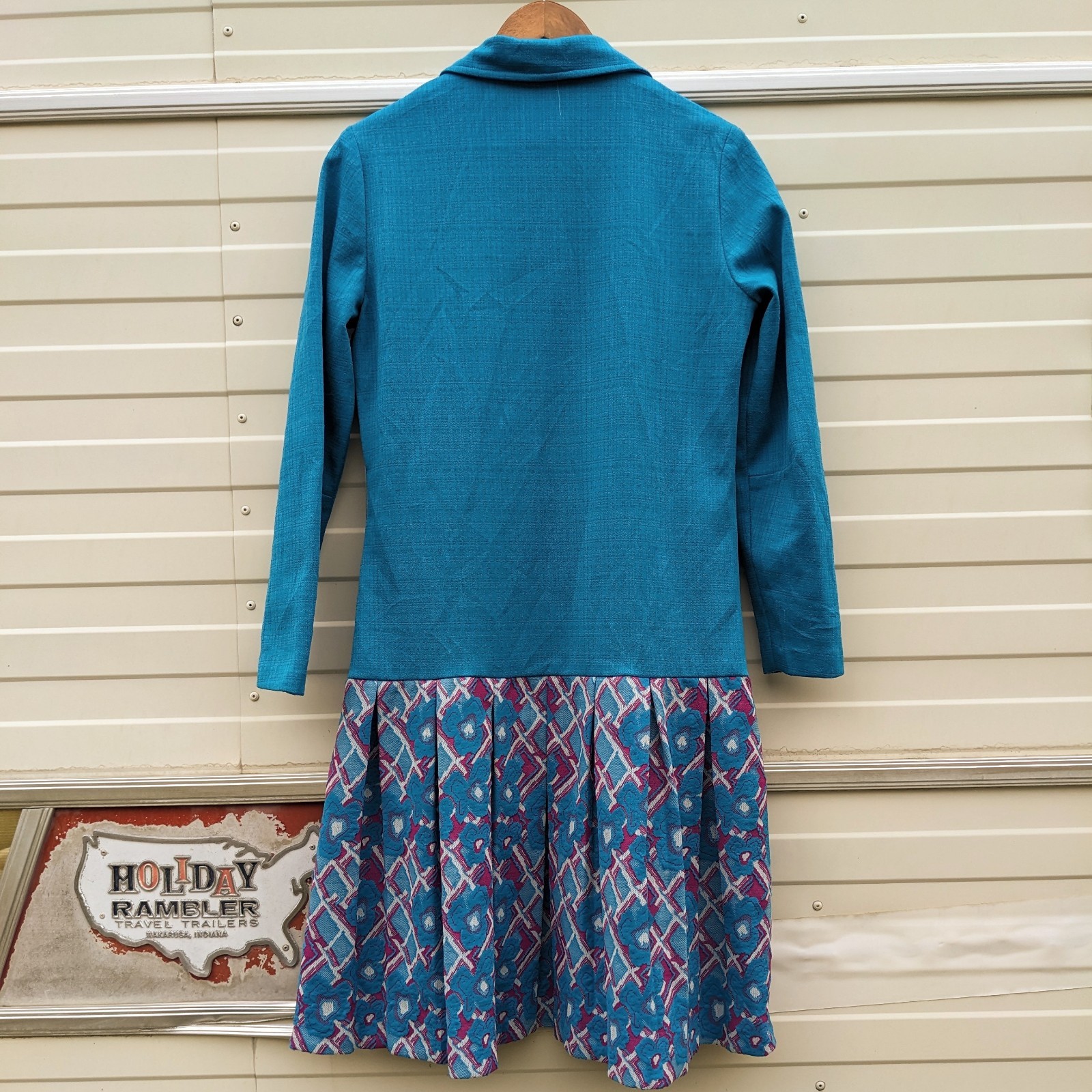 Vintage Mod Scooter Dress Large 60s 70s Blue Pleated Drop Waist Floral Button Up