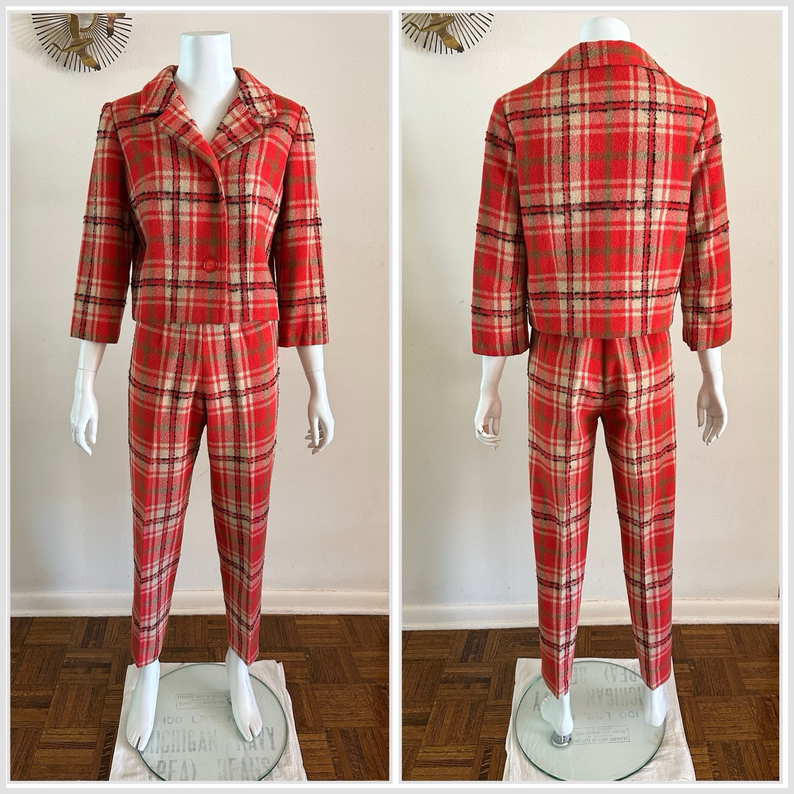 1960s Red Plaid Wool 3-Pc Set Jacket Skirt Pants Handmade Mod Suit Size Zip VTG