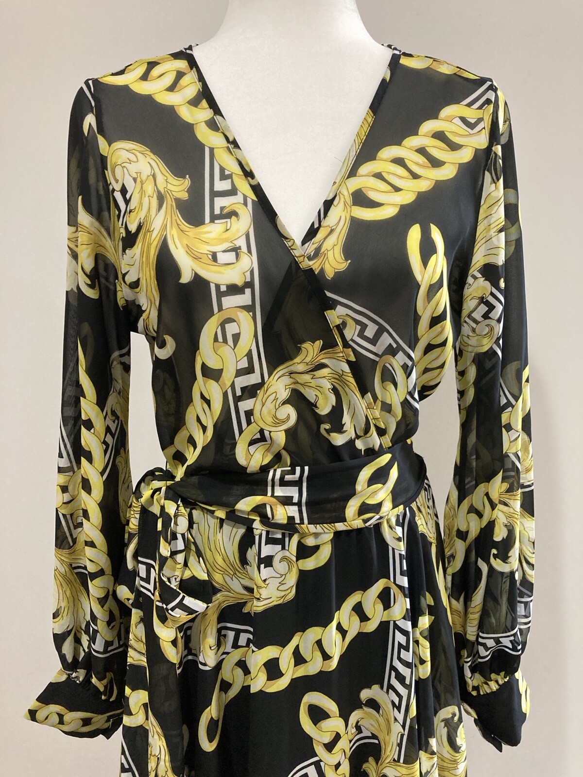 Vintage Sexy Diva Women Black Yellow Sheer Long sleeves Maxi Dress Size Medium
