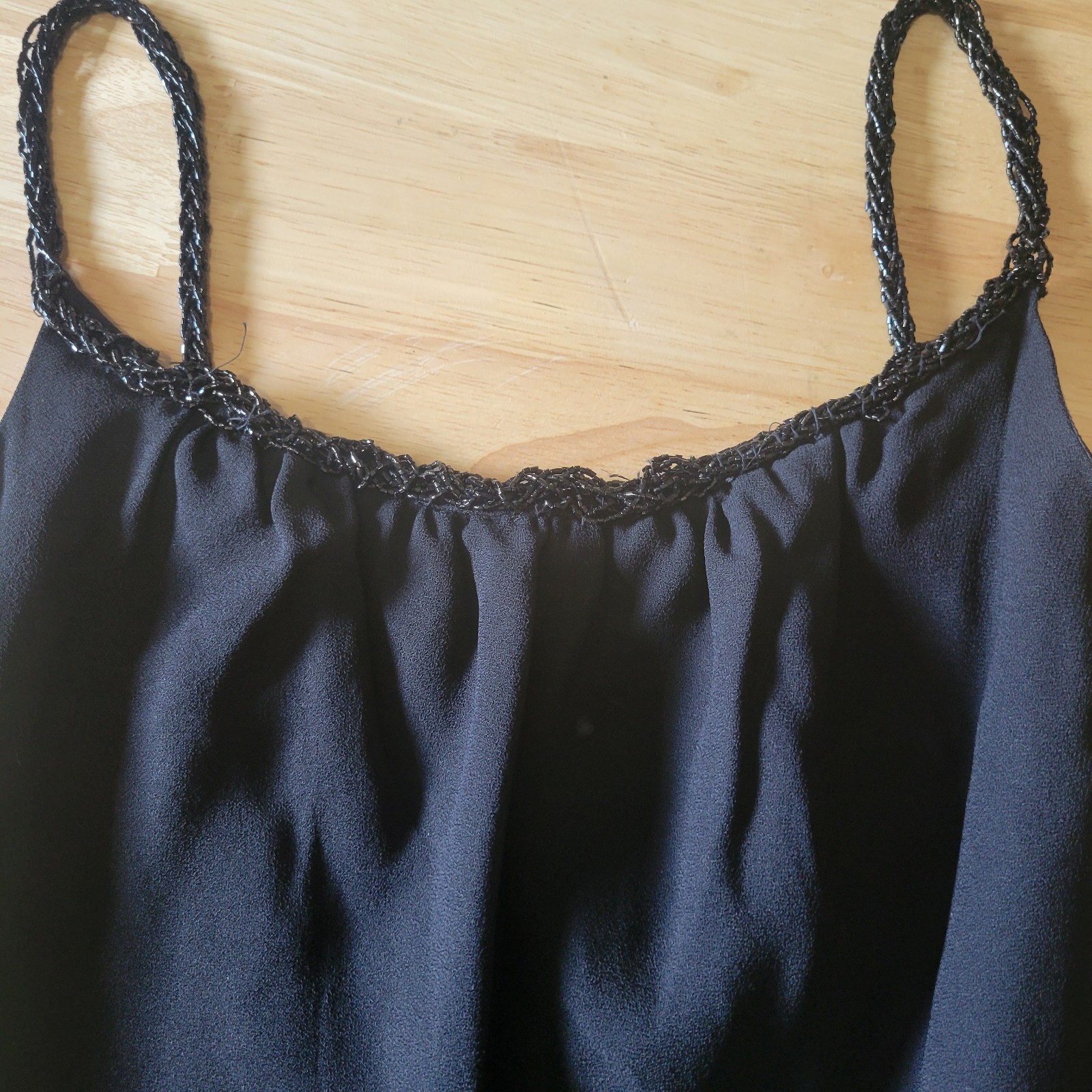Vtg 1960s Black Crepe Cocktail Dress Beaded Straps XS ILGWU Mid-century Glam
