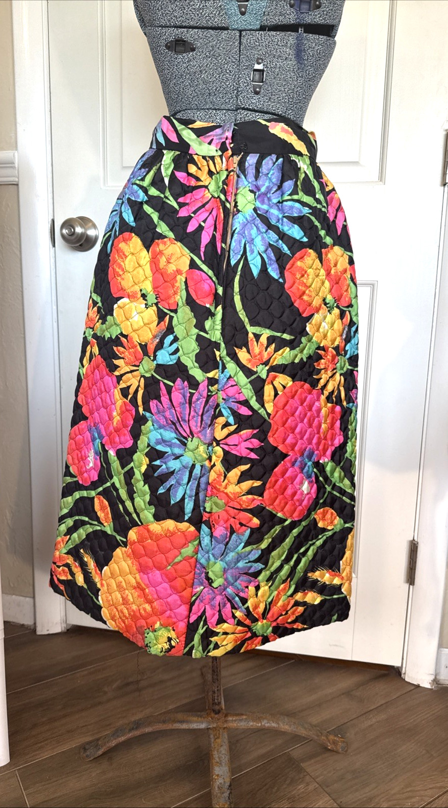 Vintage 1960s Womens Long Quilted Skirt Neon Flower Power Bonwit Teller XXS XS