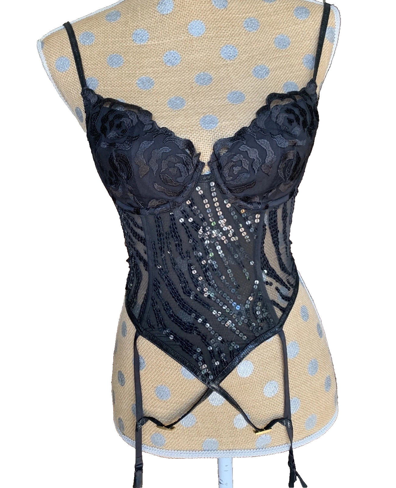 Victoria’s Secret Very Sexy 34C Black Lace Corset Bustier Garter Sequined Vtg.