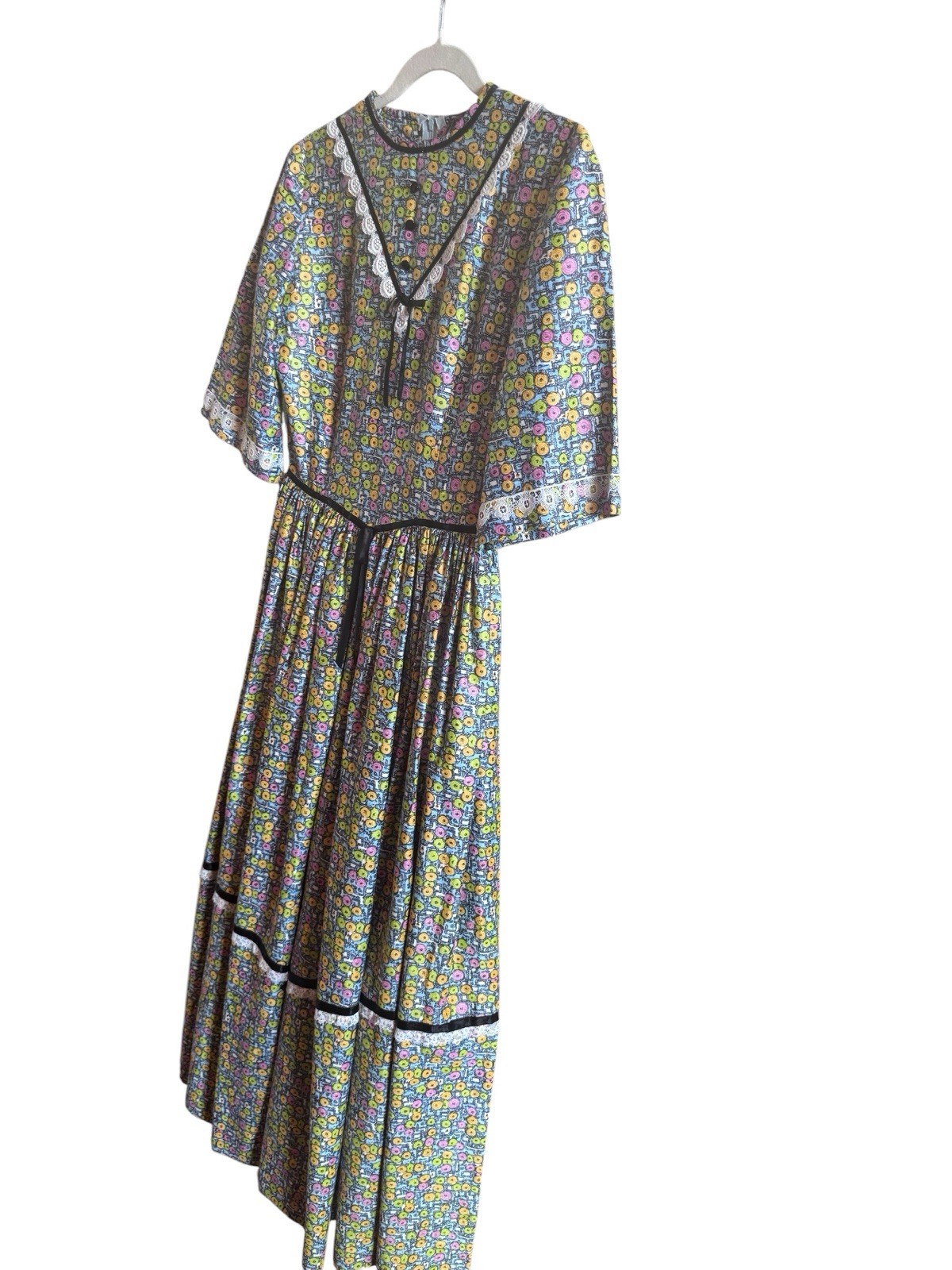 Vintage 1970s Homemade Prairie Long Dress Multi Colored Design Black Ribbon Lace