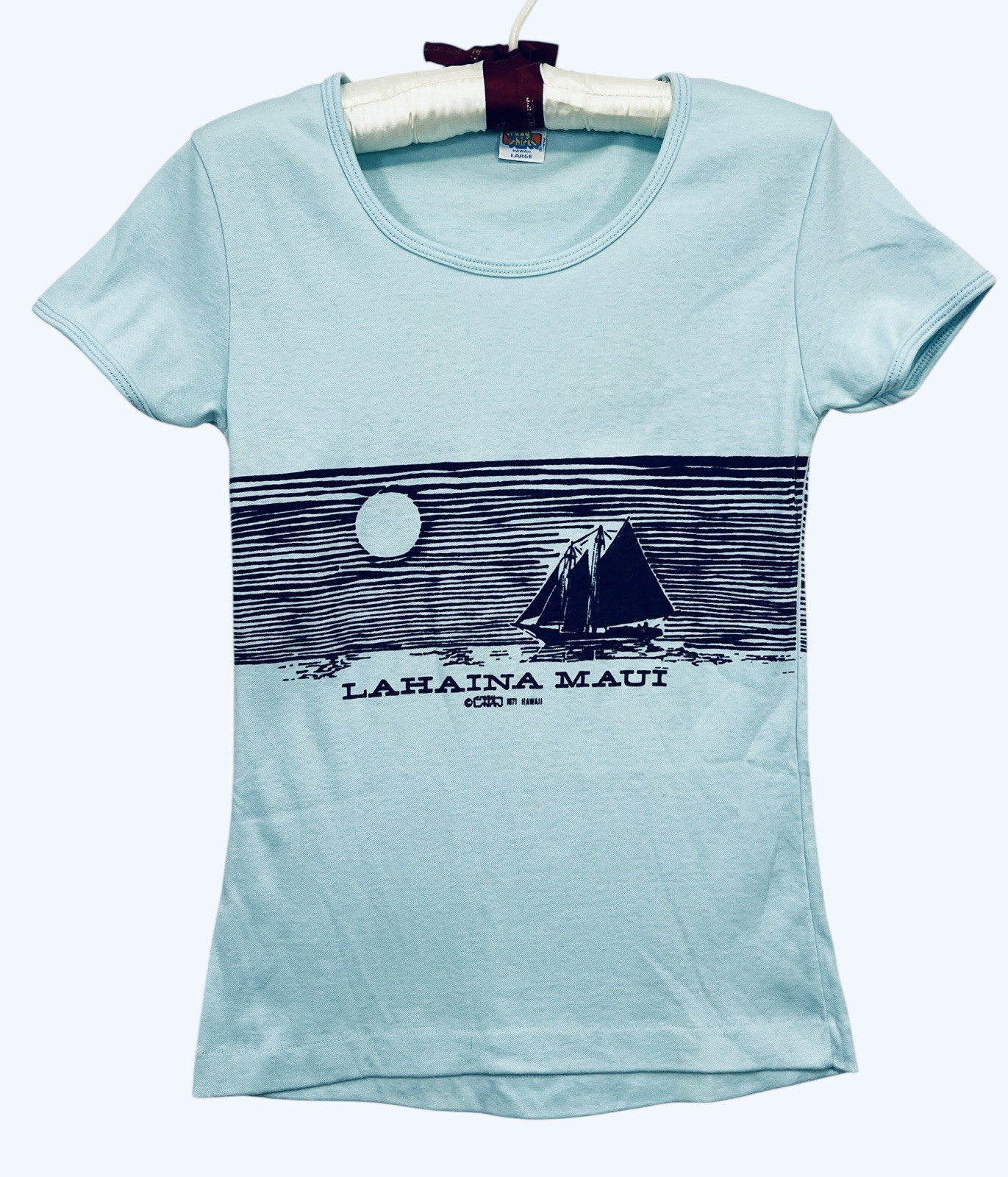 Vtg 1971 CRAZY SHIRTS Blue Lahaina Maui Wrap Around T Shirt -Sz L Misses Hawaii