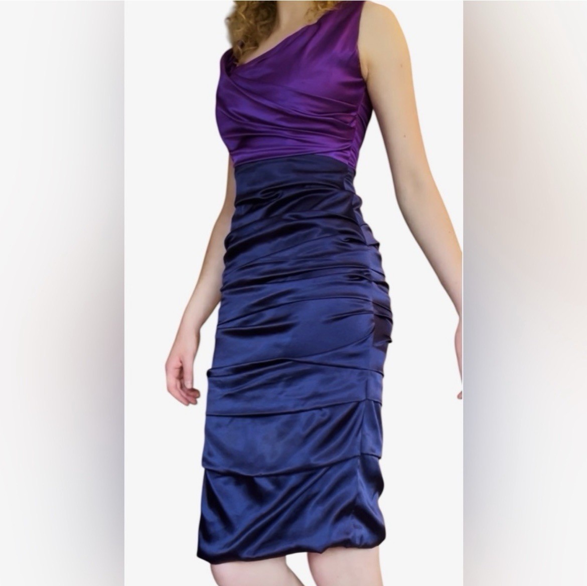 Vintage Y2K Le Chateau Purple Colorblocked Grunge Midi Gathered Fitted Dress Sm