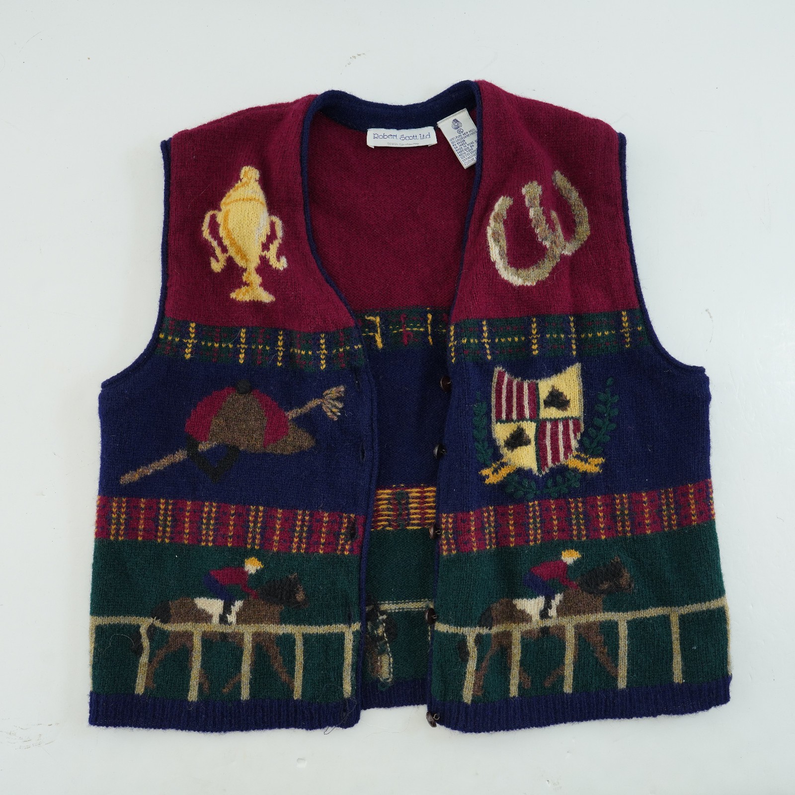 Robert Scott Ltd Vintage Sweater Vest women’s XL Hand Knit HORSE RACE equestrian
