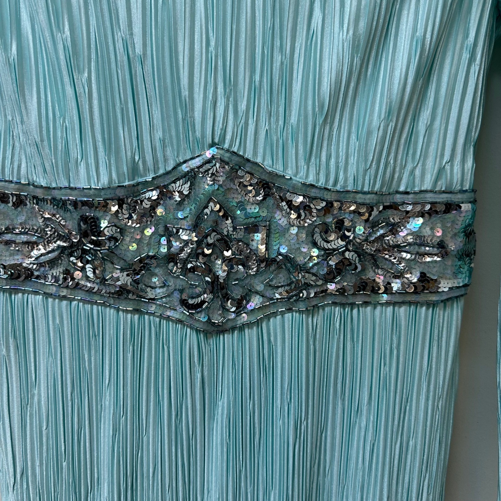 Barbara Chodos Michael Marcella Vintage Pleated Sequin Waist Midi Dress Aqua 12