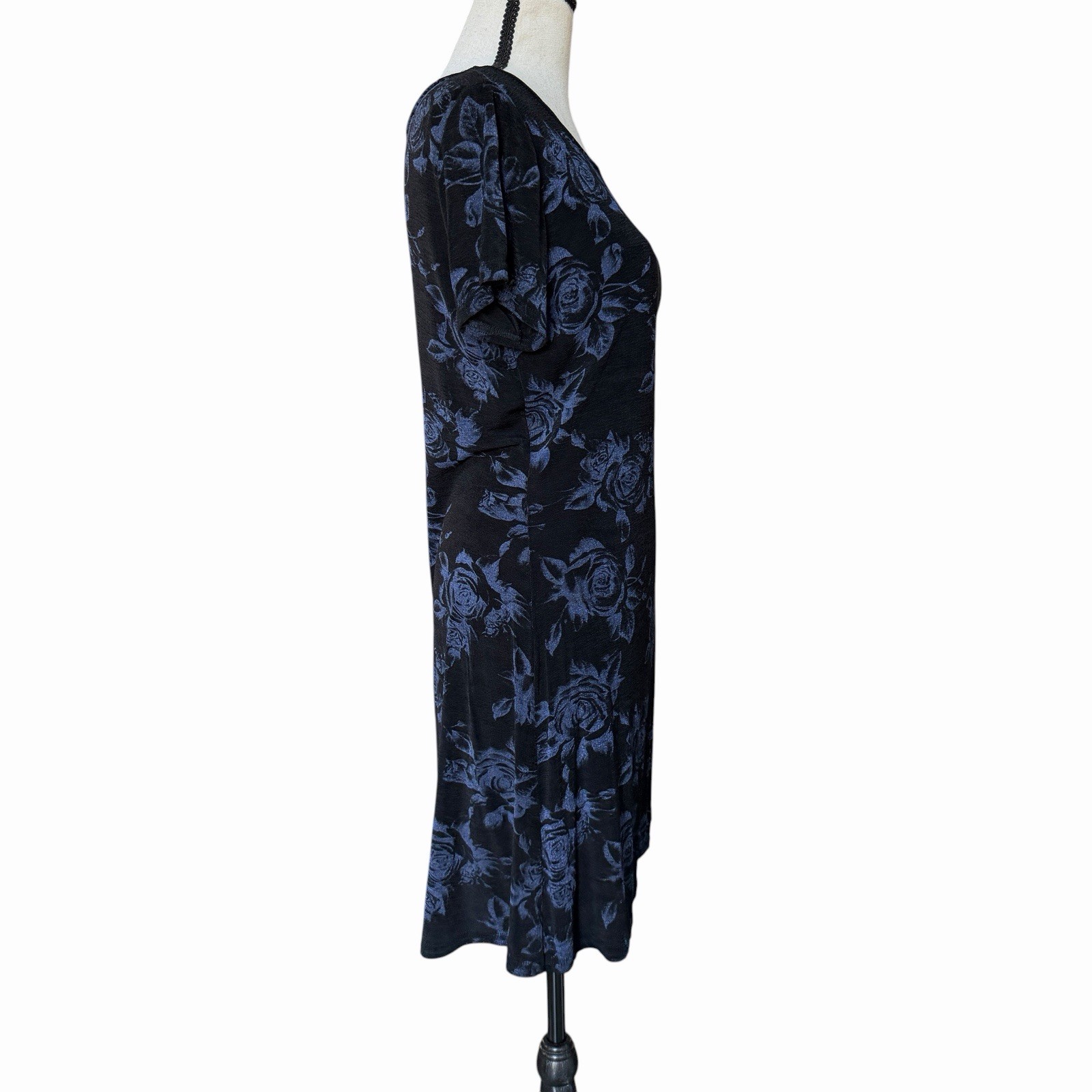 VTG 90s Joule Black Blue Rose Floral Stretch Mini Dress Whimsigoth Fairy Grunge