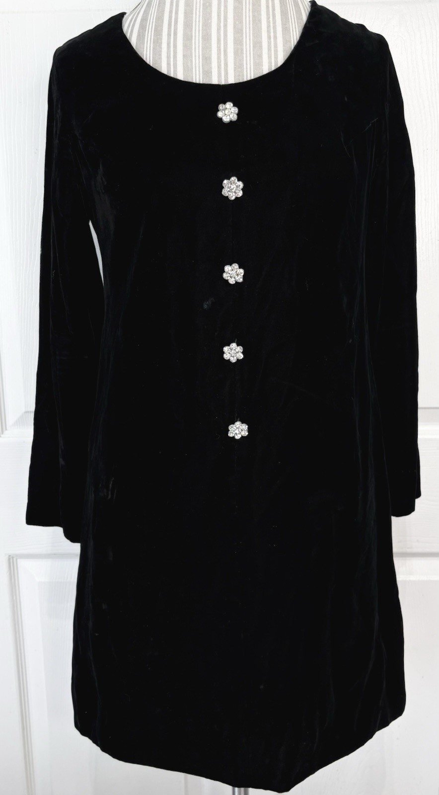 Vtg 60s 70s Black Plush Velvet MOD Mini Dress Rhinestone Buttons FLAWS Size 8/9