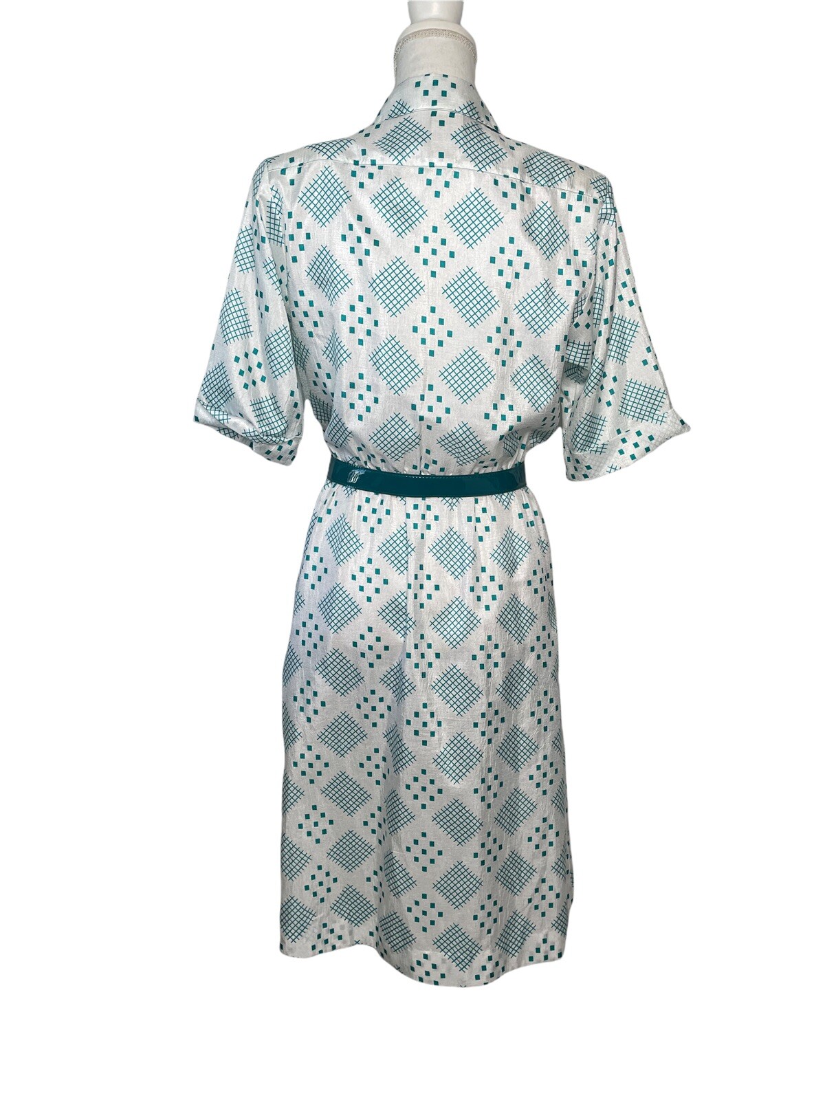 Vintage Petites By Willi Dress Sz 6 Semi Sheer Belted Gathered Waist Teal White