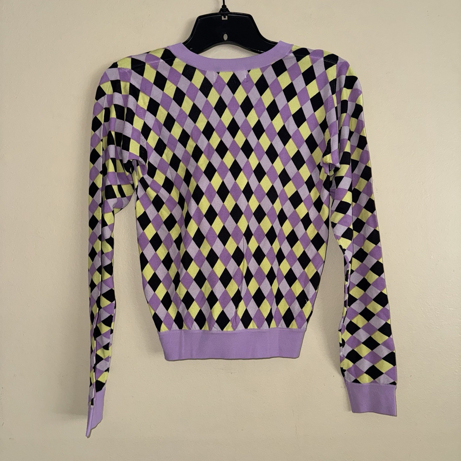 VTG Sweater Preppy Argyle Geometric Nylon V Neck XS NWT Clueless Purple