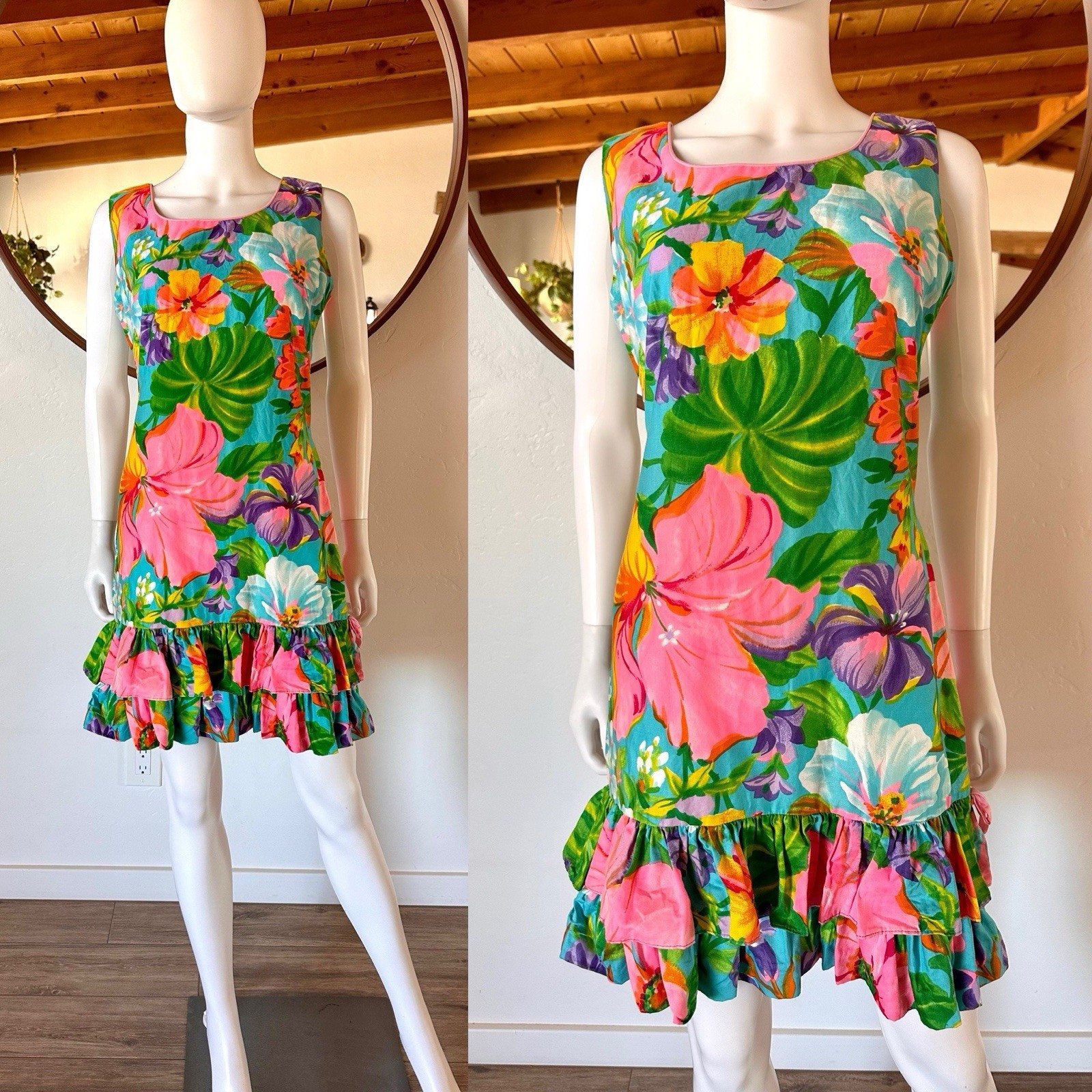 Vintage South Seas Hawaiian Colorful Tropical Floral Summer Dress Fits S-S/M