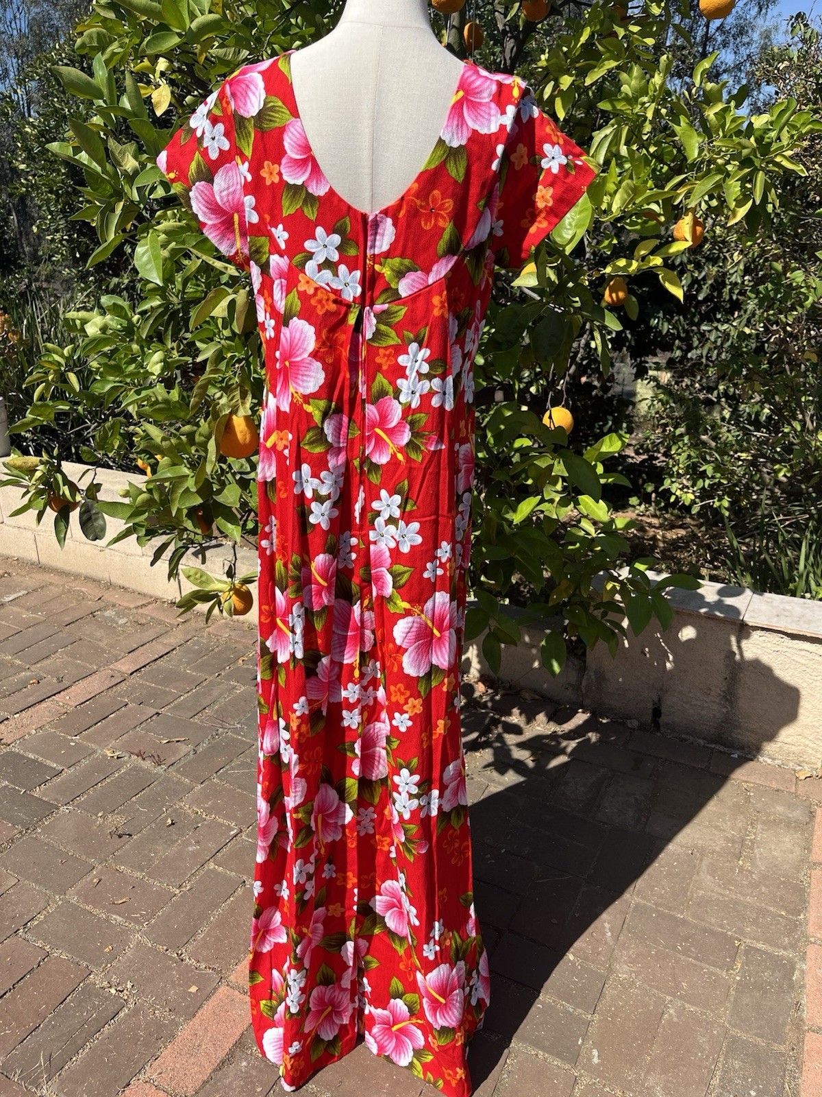 Vintage 60s 50s Ui-Maikai Red Hawaiian Maxi Dress Pink Hibiscus Floral Cotton LG