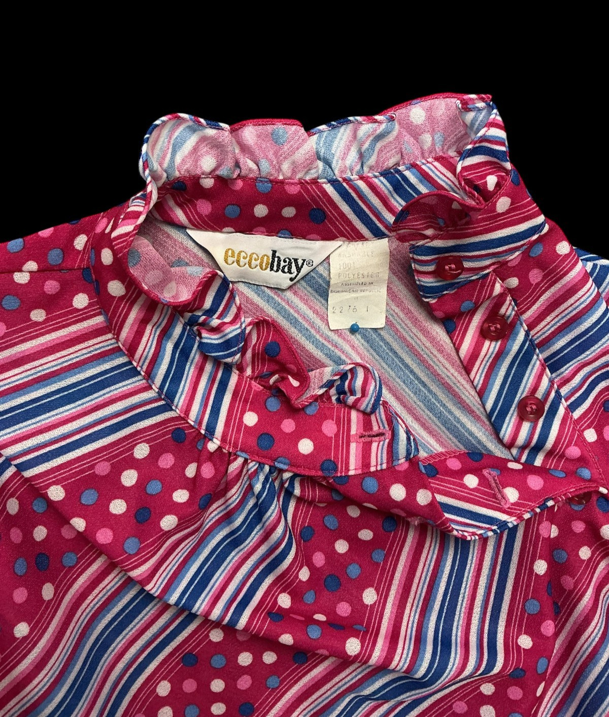 1970s Ecco Bay Ruffle Neck Striped Polyester Polkadot Pink Long Sleeve Blouse