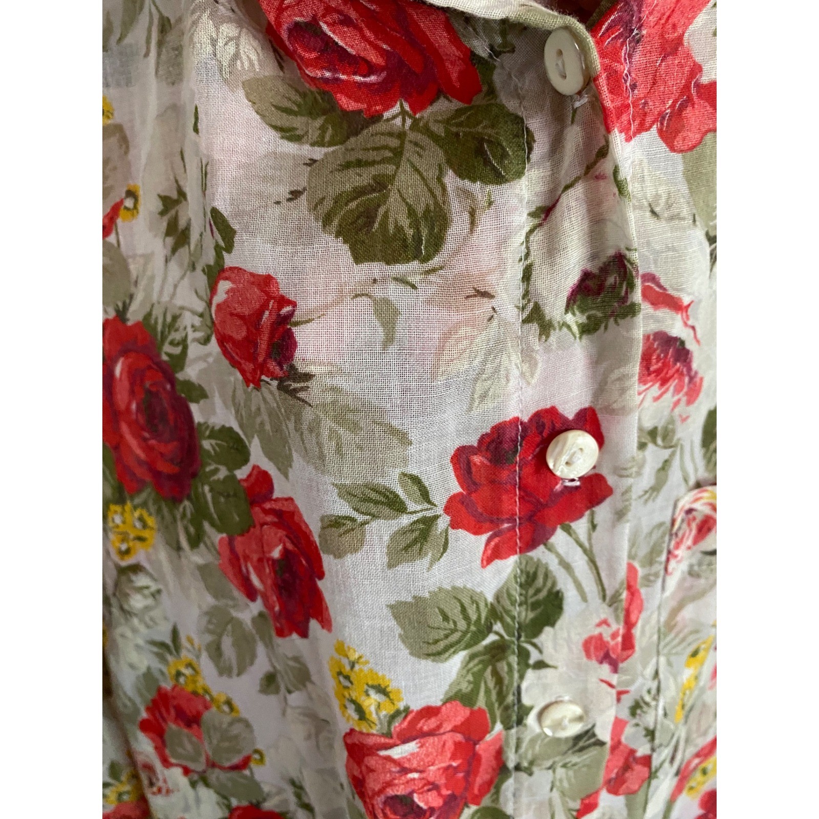 Vintage Deborah Barry Red Rose Floral Sheer Button Down Shirt Small USA